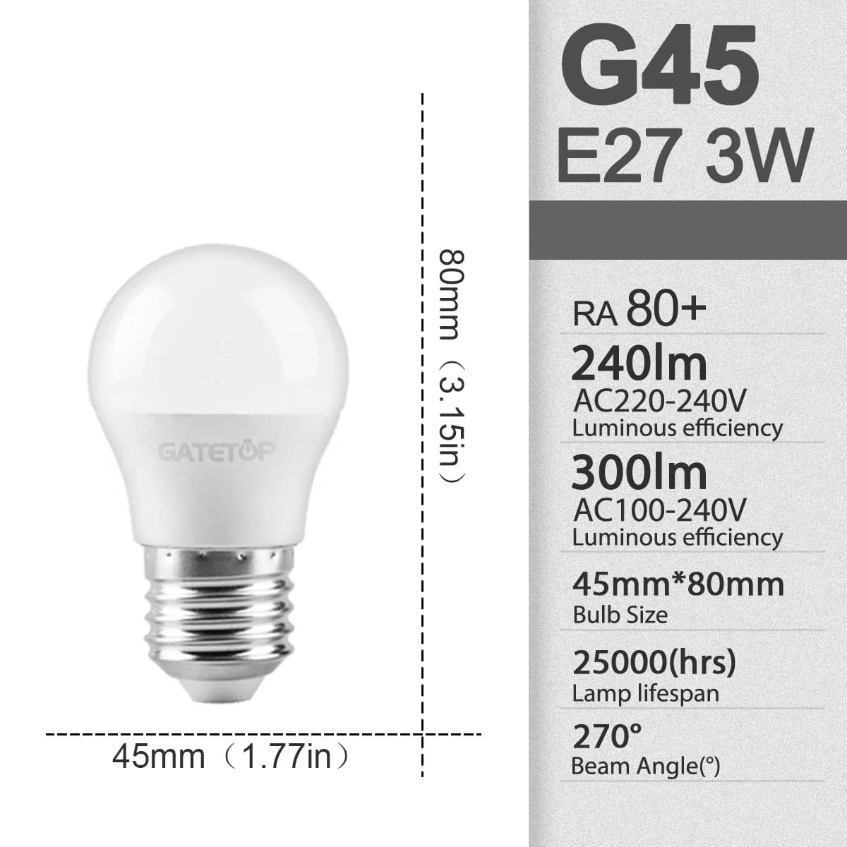 G45 3W / 6000K Cold white / AC100-240V