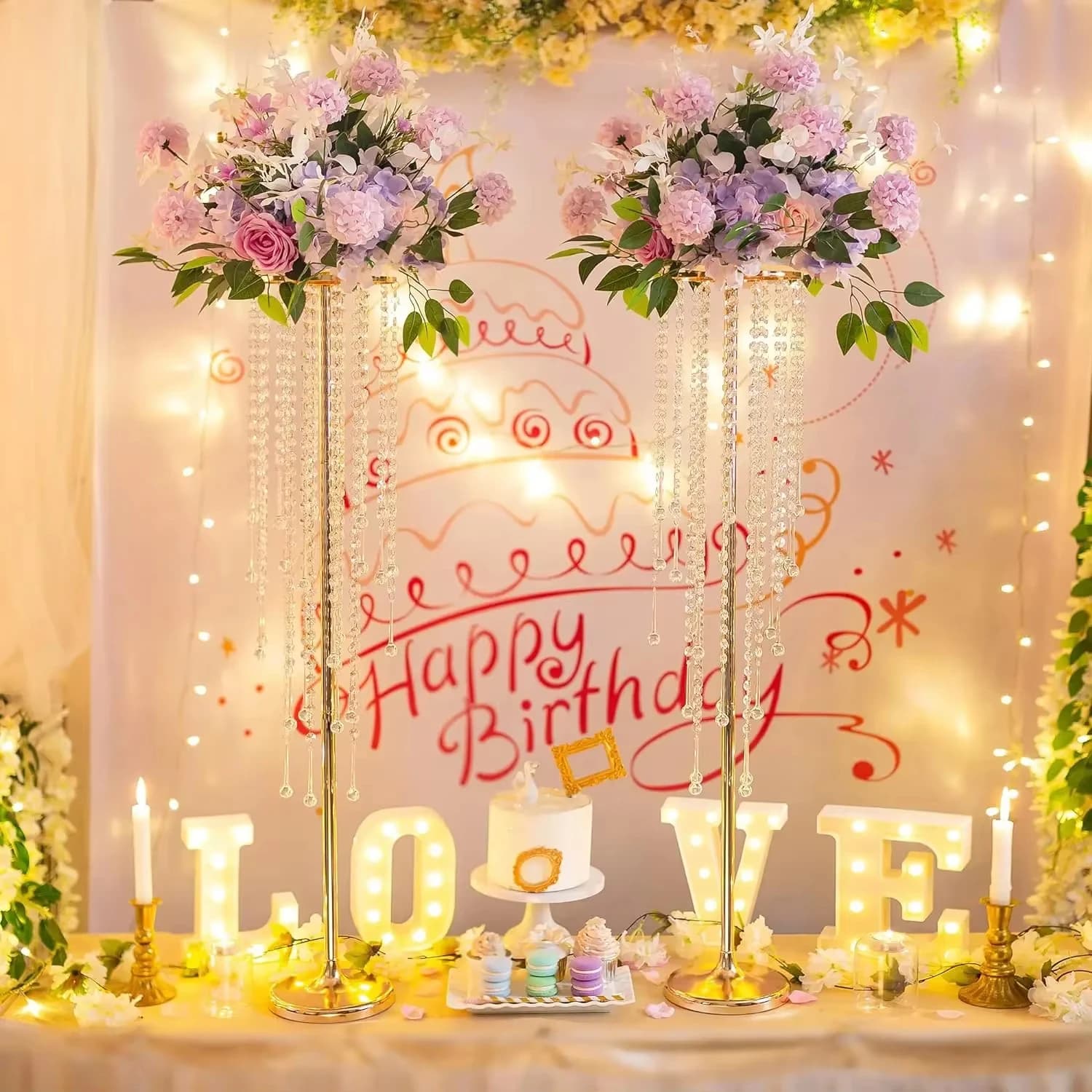 Wedding Table Centerpiece Flower Stand - 29.6 Inch Gold Vase with Crystal Chandelier, Center Table Outdoor Home Decor
