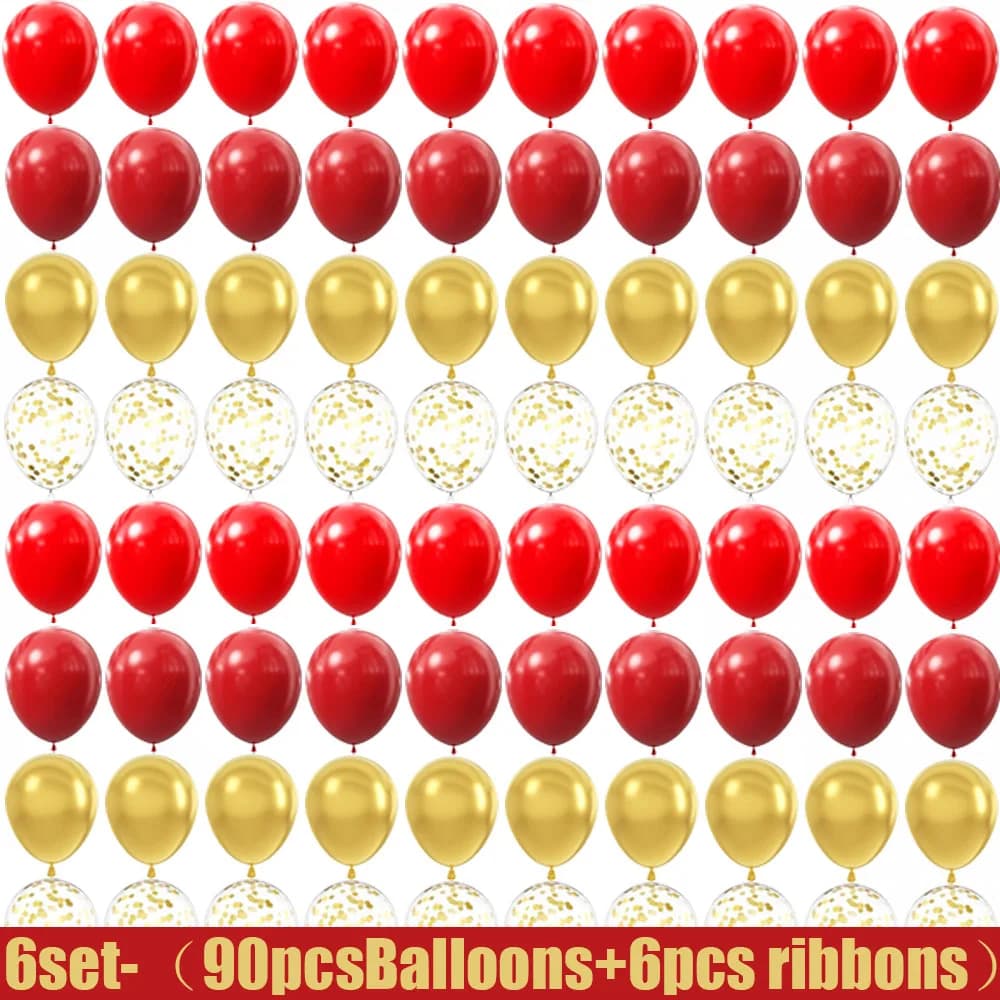 15-150 wedding themed decorations with red and gold latex balloons, suitable for birthdays, weddings, and home decor