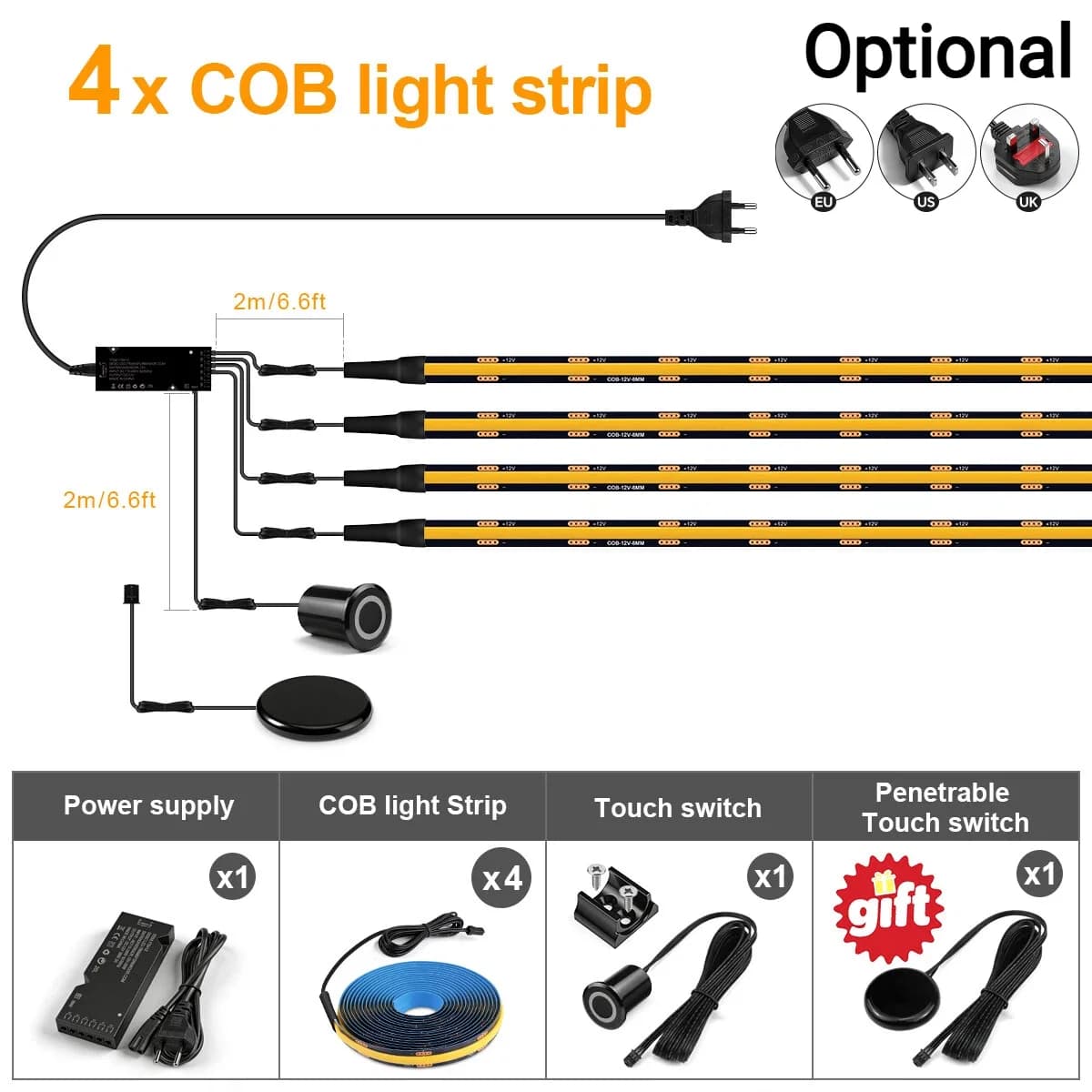 4 x LED Strip Kit / 2M Each LED / Natural White / EU Plug