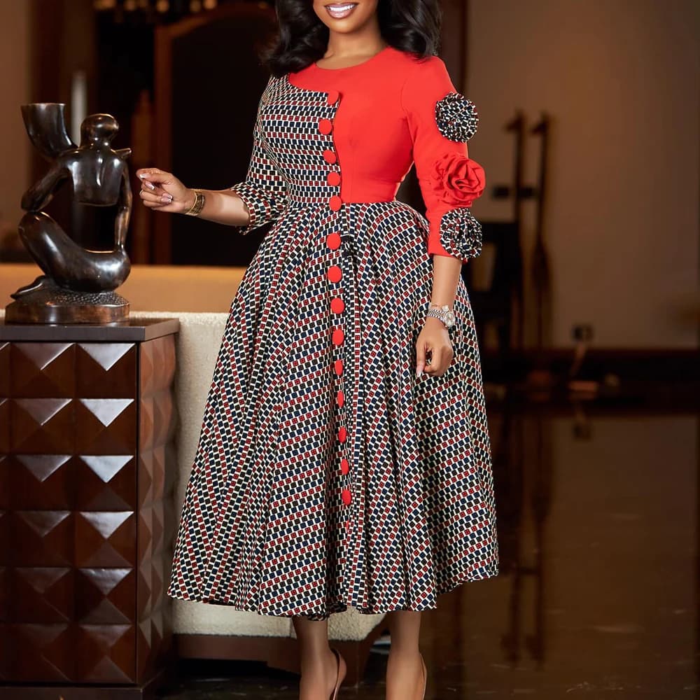 Elegant African 3D Flower Plaid Evening Dress