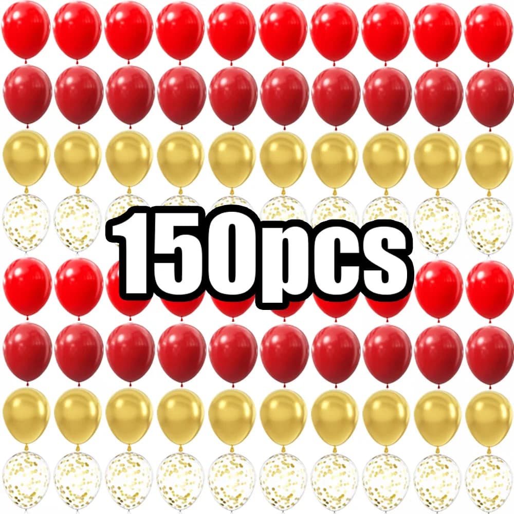 15-150 wedding themed decorations with red and gold latex balloons, suitable for birthdays, weddings, and home decor