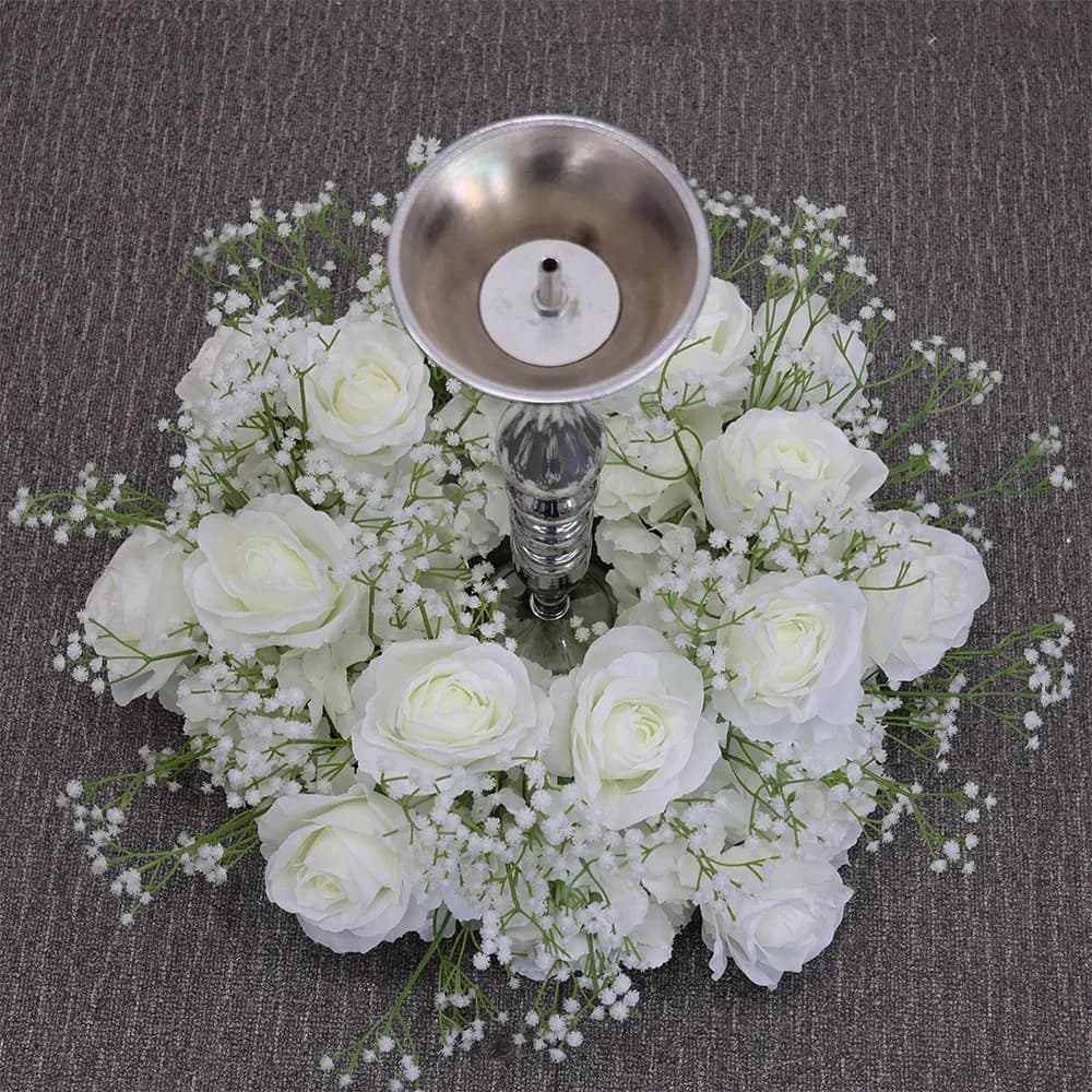 Wedding Table Centerpiece Candlestick Deco Garland Crown Flower Wreath White Rose Green Leaf Floral Arrangement Event Party Prop