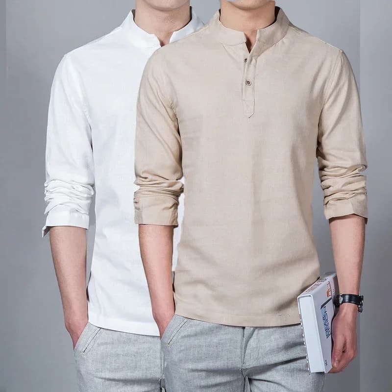 Men's Linen Long-Sleeve Stand Collar T-Shirt