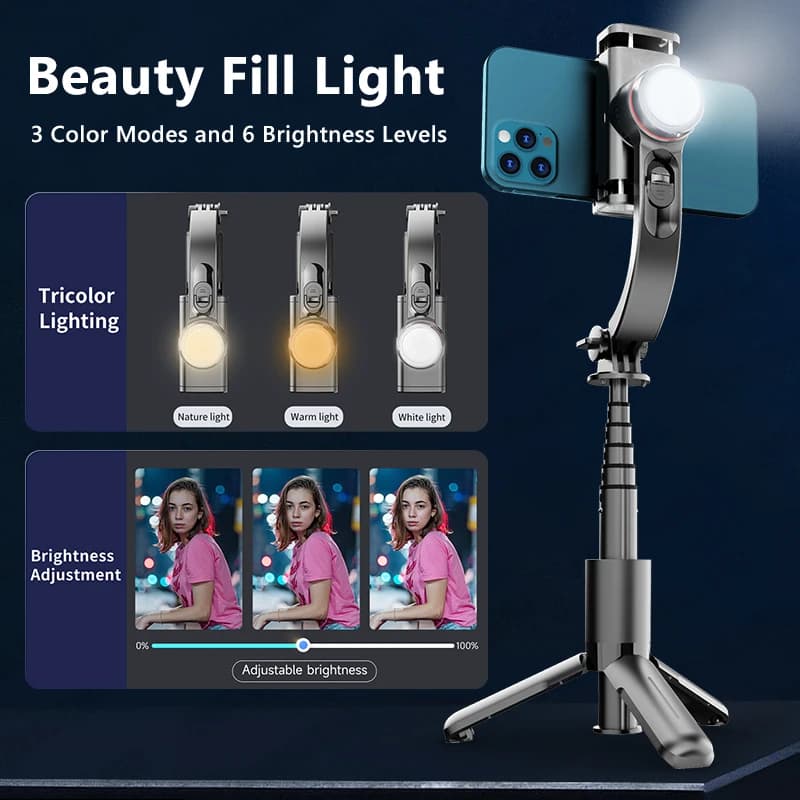 TOKQI Gimbal Stabilizer Anti-Shake Aluminum Alloy Fill Light Selfie Stick Tripod 360 Rotation For Travel Live Streaming Shooting