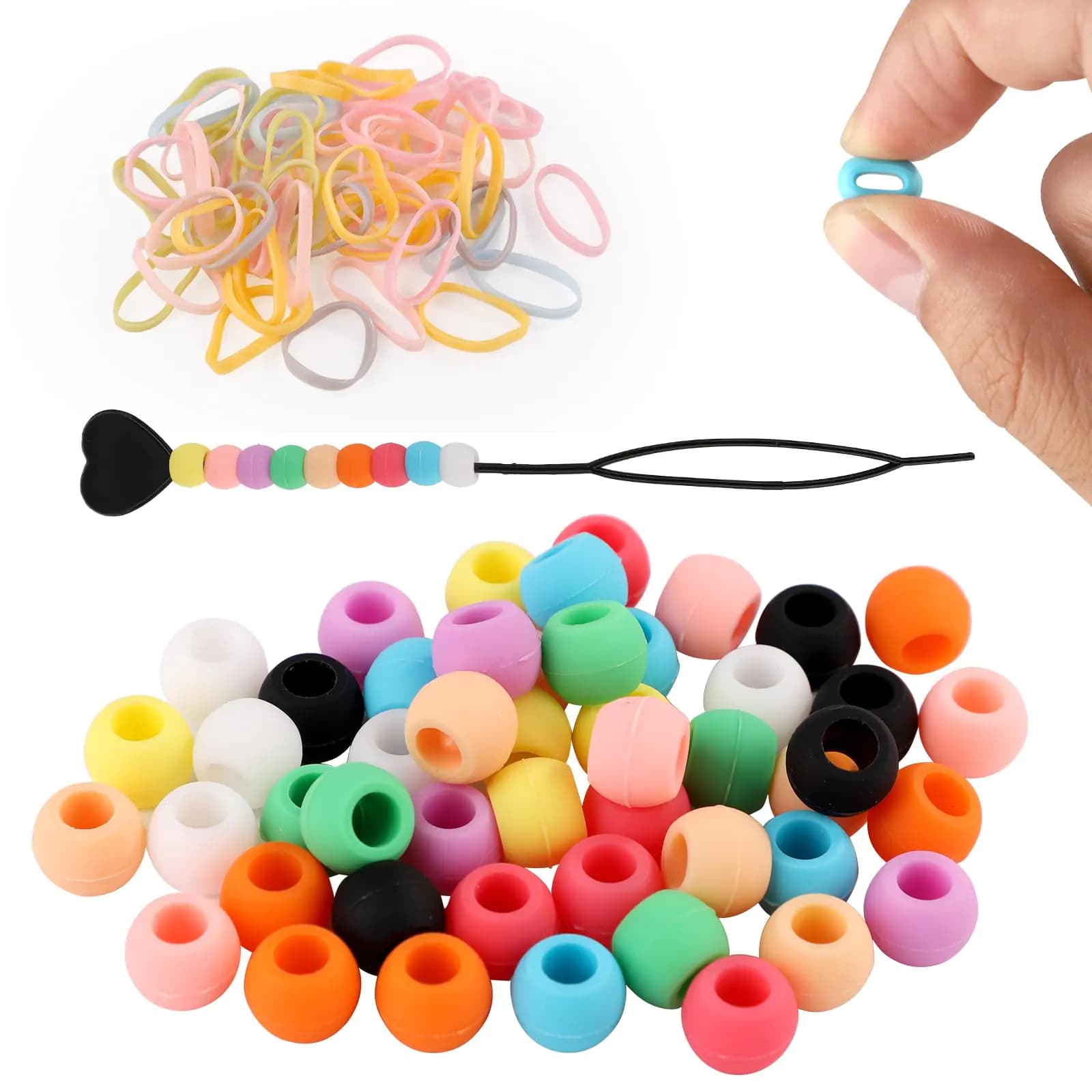 50pcs Silicone Hair Beads Soft Pony Beads for Hair Soft Hair Beads with Elastic Hair Ties Hair Beading Needle Silicone Hair Beads for Braids Hair Beads Set for Kids Girls Women