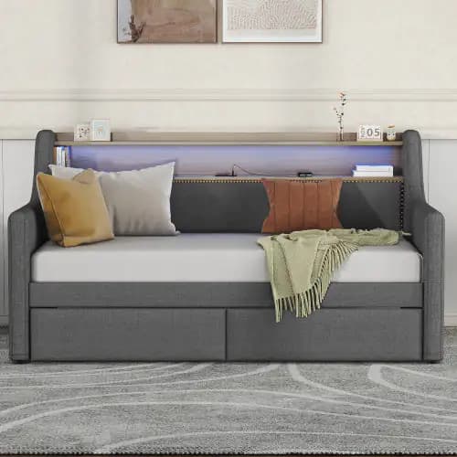 Twin Size Daybed With Storage Drawers, Upholstered Daybed With Charging Station And LED Lights, Gray