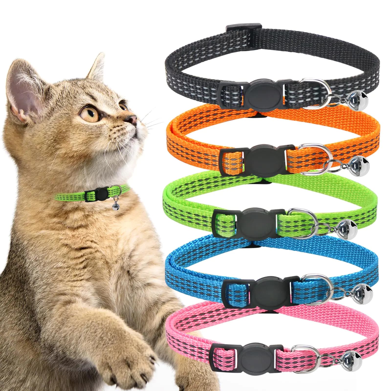 Pasking 10 Pack Reflective Cat Collars with Bells - Breakaway Colorful Adjustable for Girl Boy Kitten Gifts Pet Supplies Stuff Accessories 8" - 13"