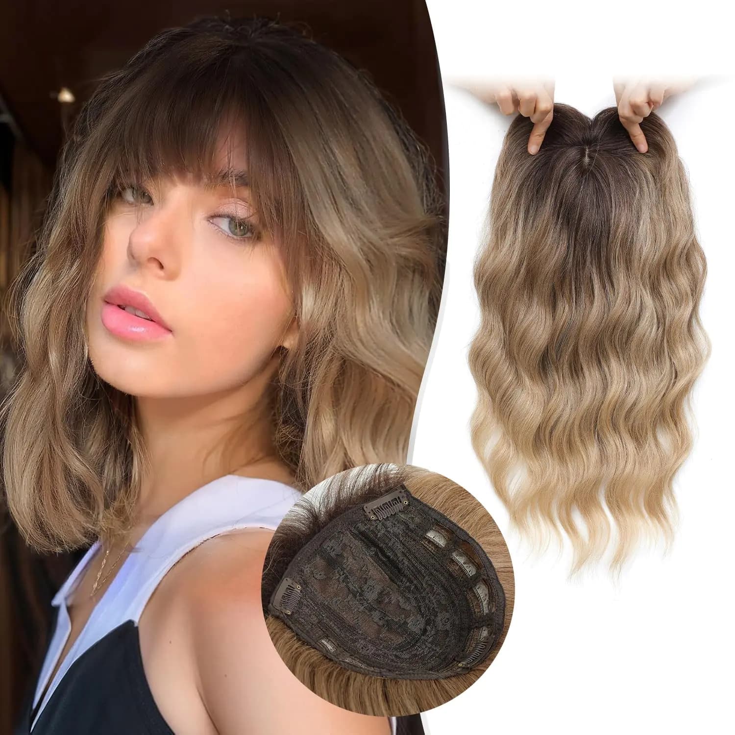 Synthetic Curly Hair Topper with Large Base Blonde