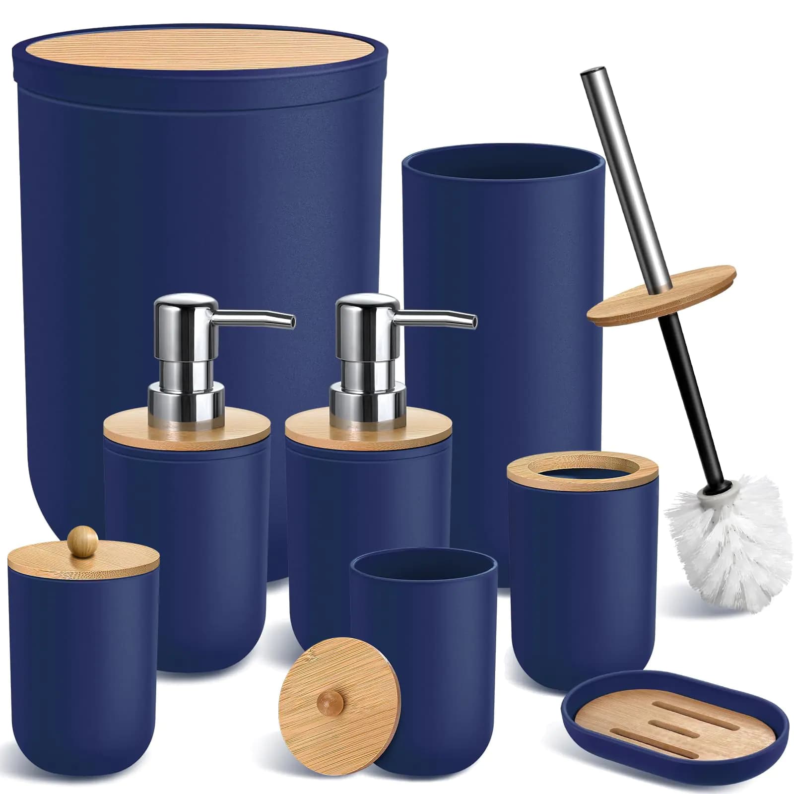 Blue Bathroom Accessories Set 8 Pack Navy Blue Bathroom Decor Accessory Sets Complete with Trash Can Bamboo Bath Soap Dispenser Toothbrush Holder Set Toilet Brush Qtip Holders Soap Dish