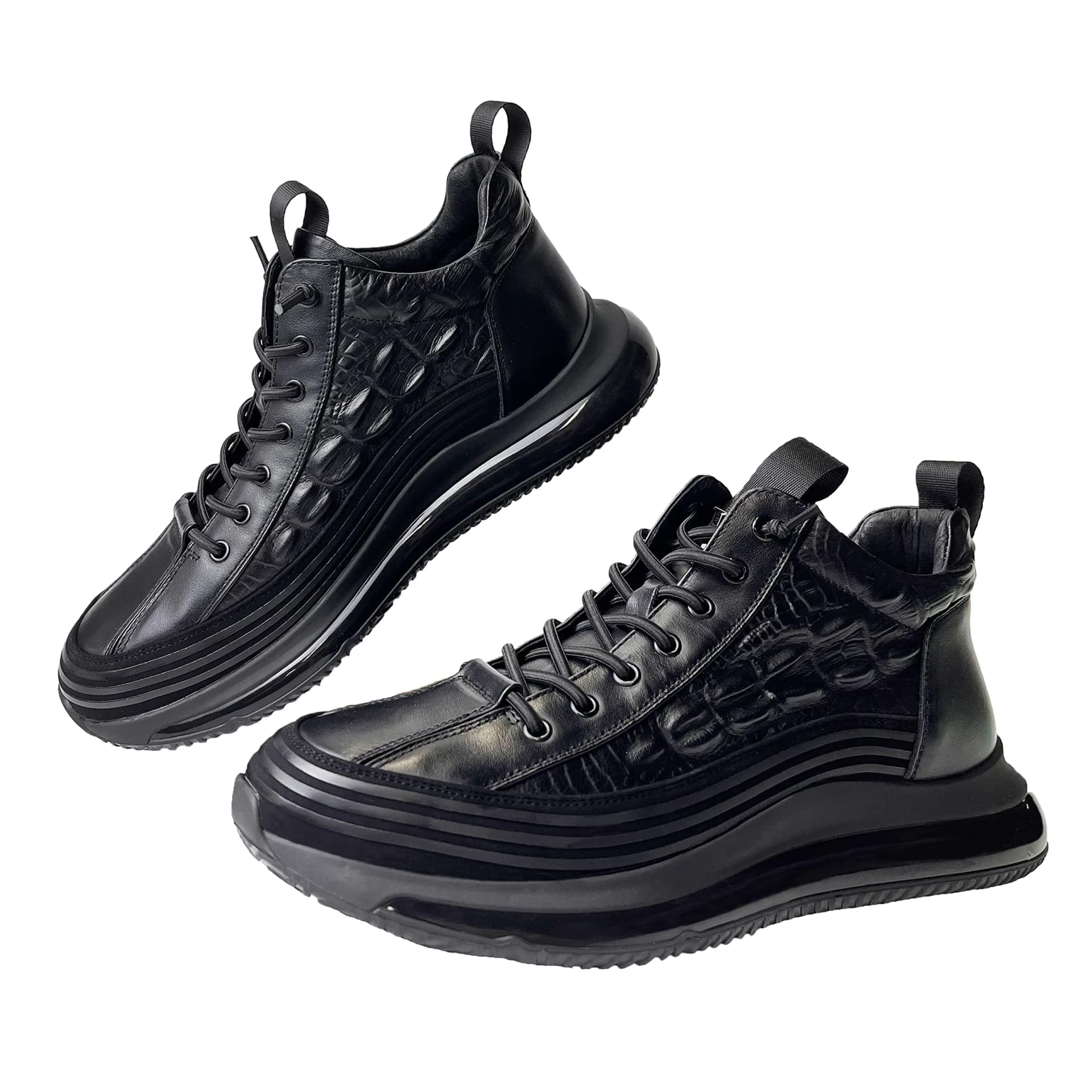 JishinGal Mens Slip-on Leather Sneakers Non-Slip Casual Fashion Height Increasing Cowhide Crocodile Print Sneakers Black