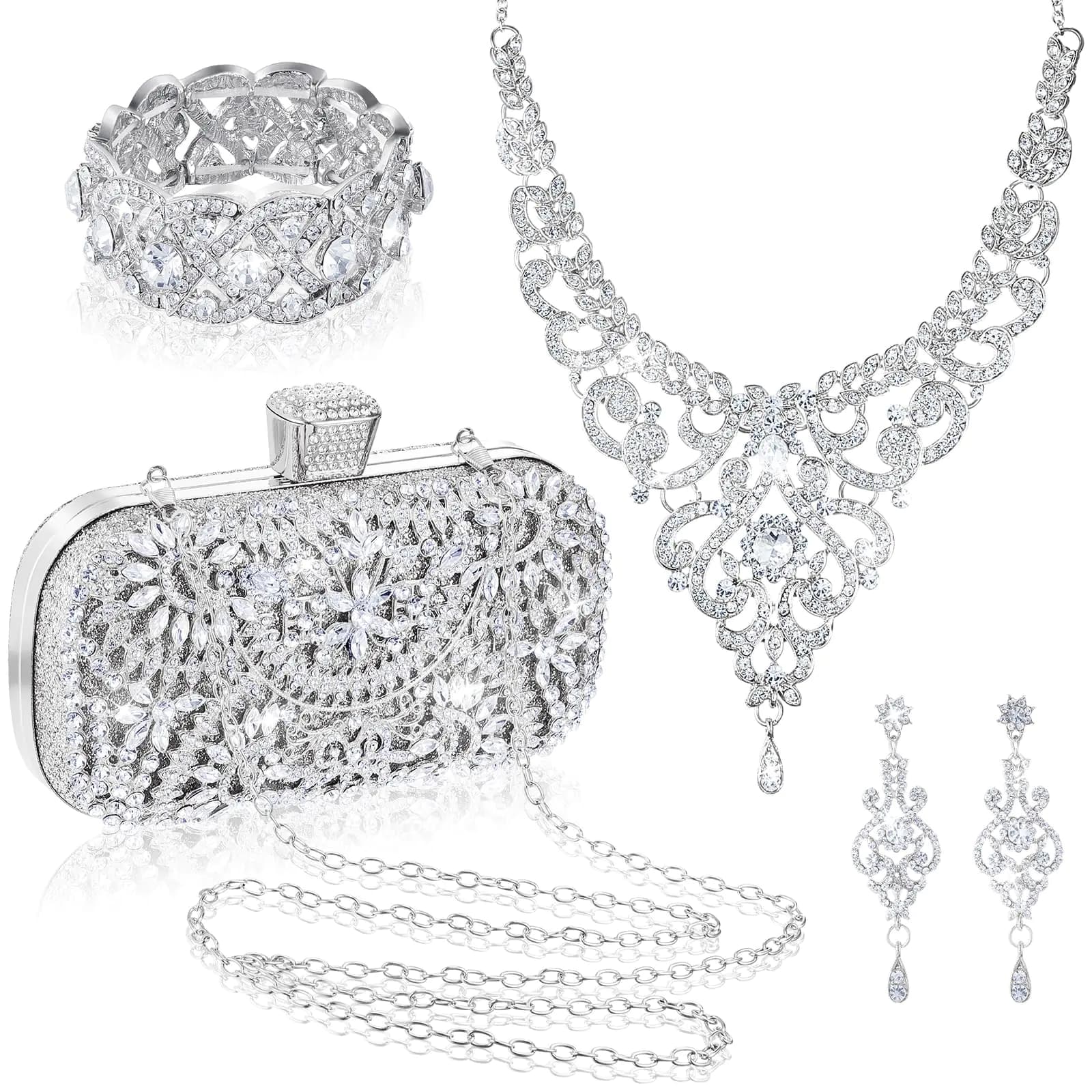 Quelay 4 Pcs Purse Rhinestone Jewelry Set Evening Clutch Bag Bling Crystal Necklace Dangle Earrings Bracelets Accessories(SilverVintage Style)