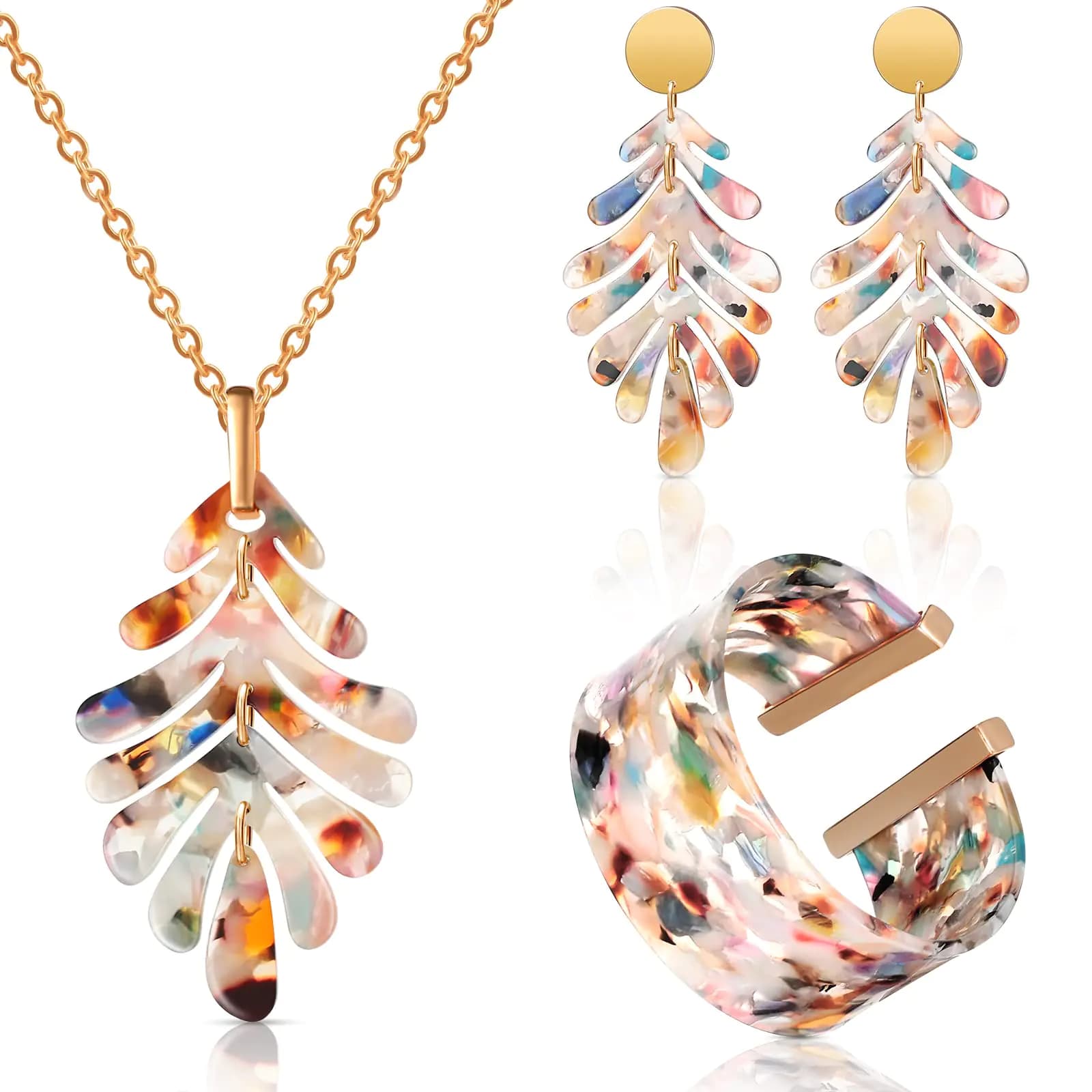 Kenning 4 Pcs Acrylic Jewelry Set for Women Statement Boho Resin Earrings Necklace Bracelet Stylish Jewelry Set for Women(Water Drop)(Leaf)