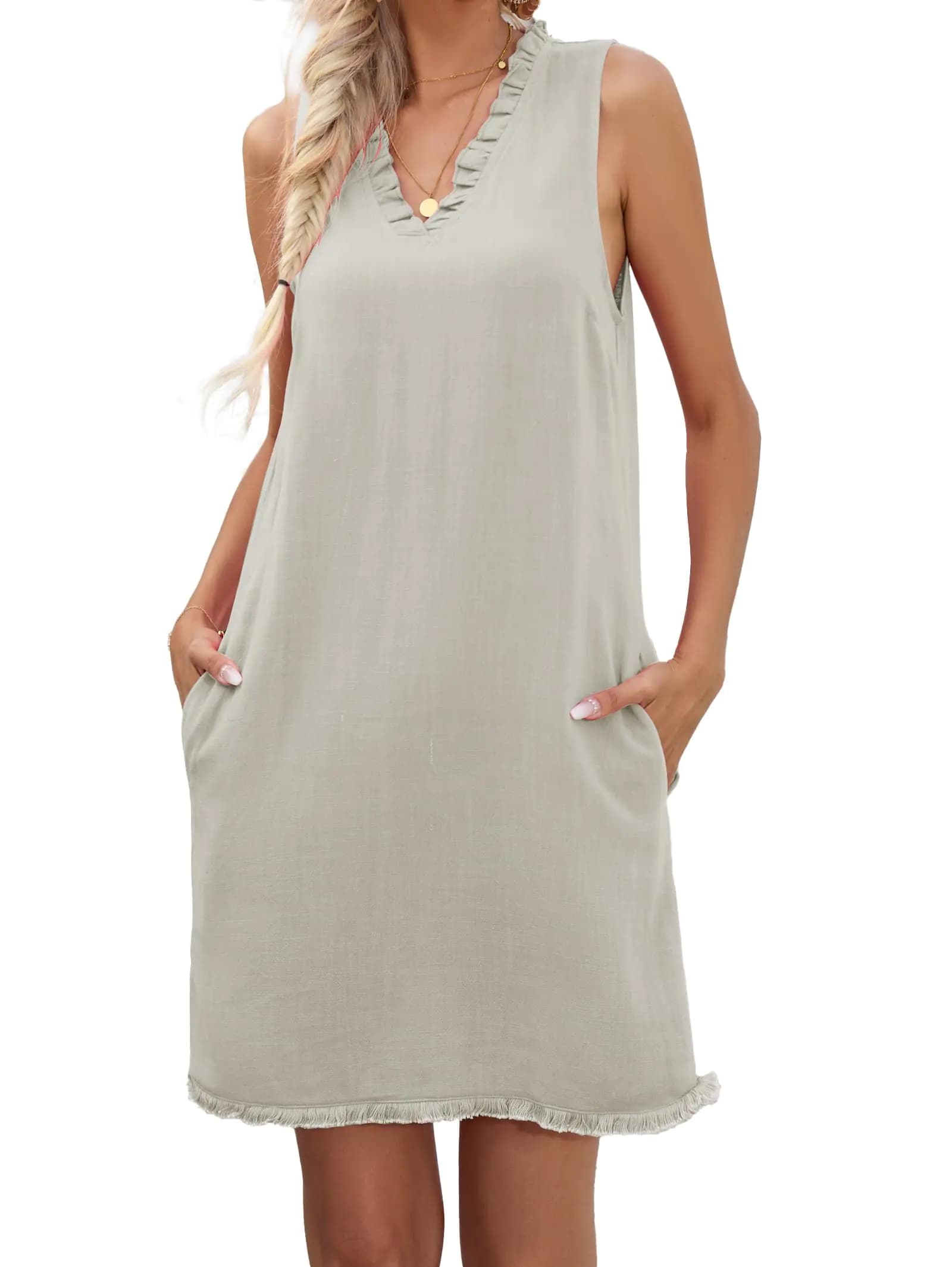 Famulily Summer Linen Dress Tank Dress for Women Work Shift Dress Linen Tank Dress for Women Sundresses for Women Khaki S