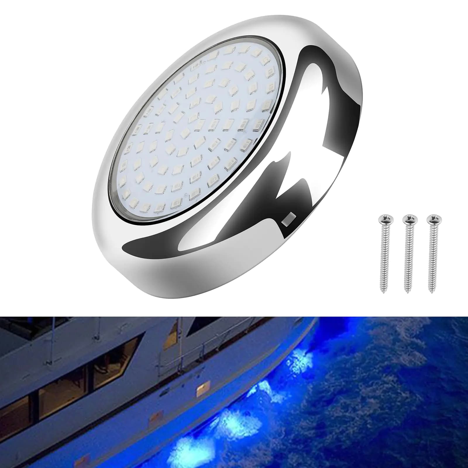 RVZONE 3.5inch Round Underwater Boat Lights IP68 Waterproof Led Boat Lights 2400LM Surface Mount 316 Stainless Steel Marine Led Lights for Boats Transom Pool Courtesy Deck Interior Lights