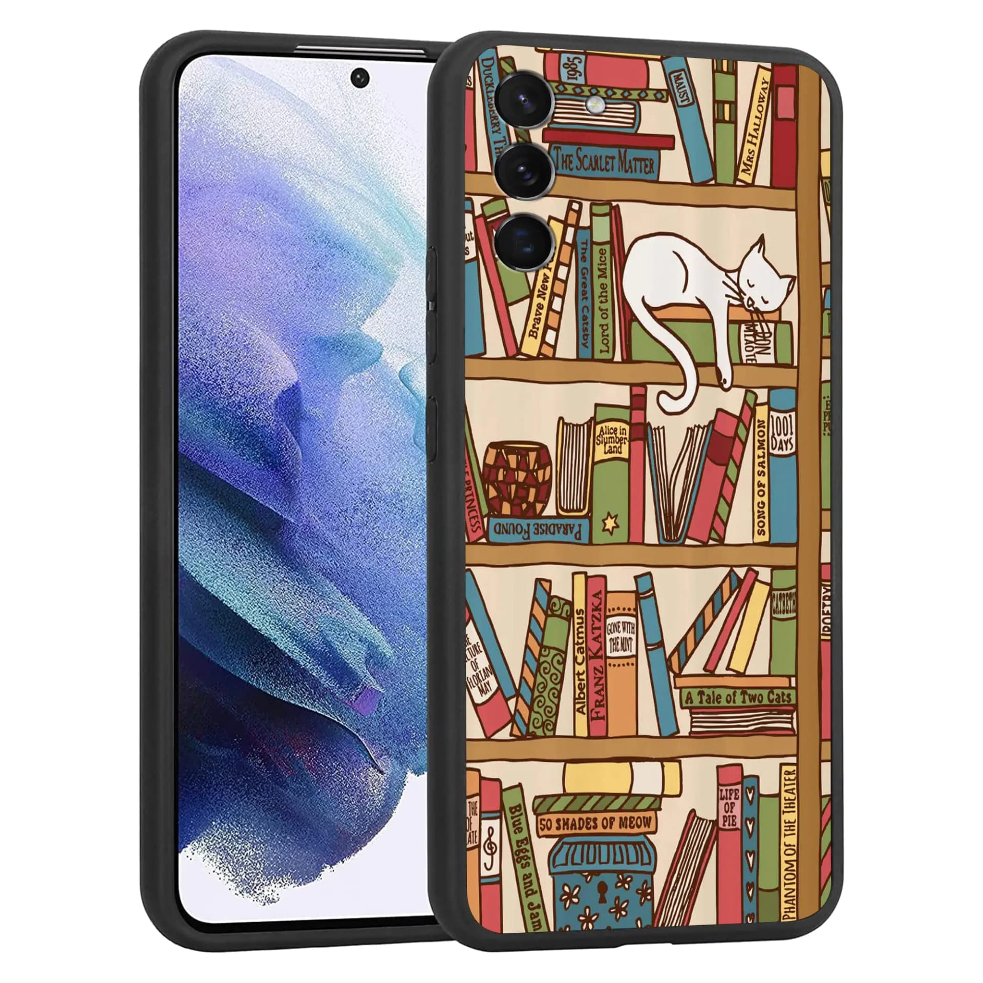 Compatible with Samsung Galaxy S21 Plus Case Funny Cute Cat Bookshelf Cartoon Phone Case Gift TPU Shockproof Protective Phone Case