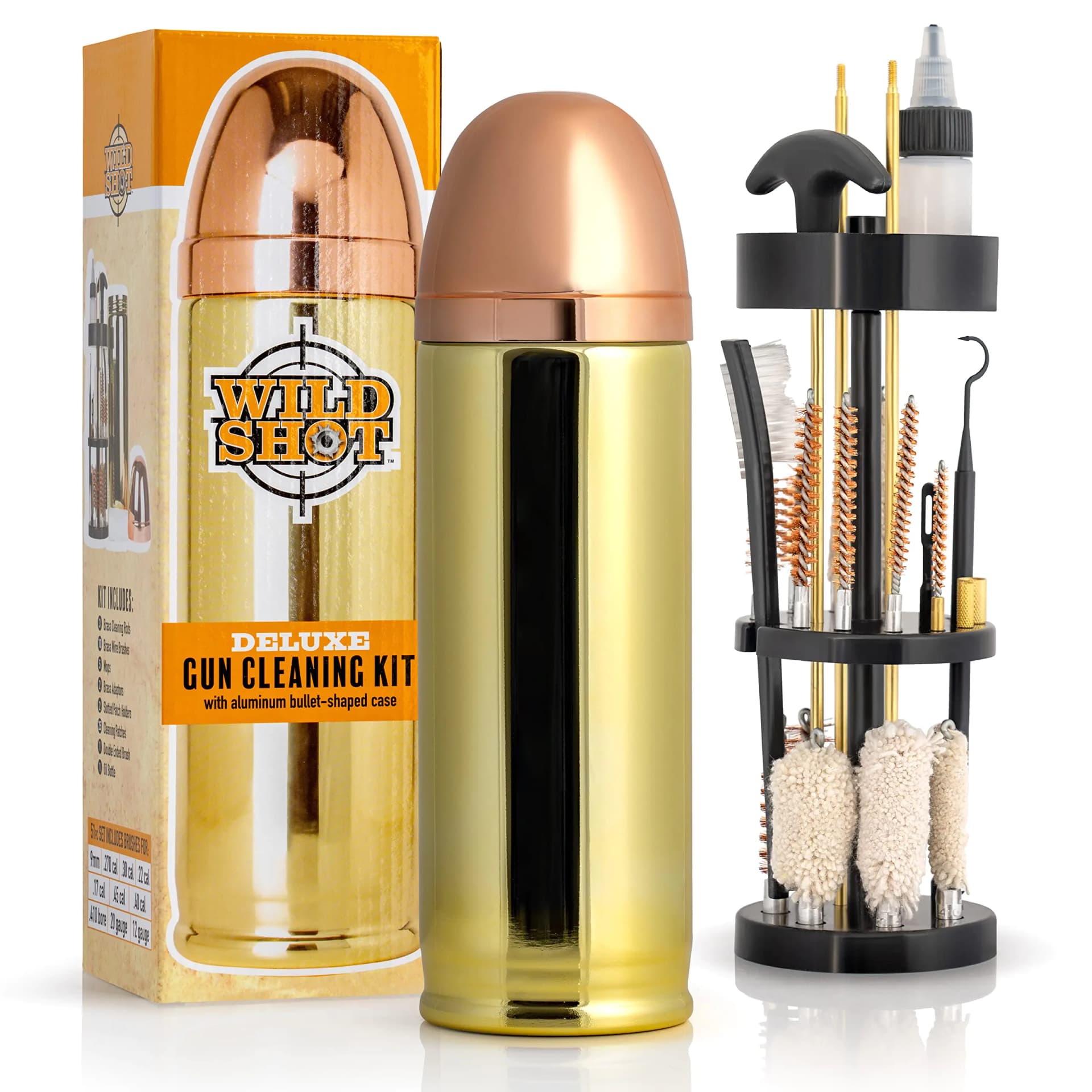 Wild Shot Deluxe Gun Cleaning Kit with Registered Trademarked Aluminum Bullet Shaped Storage Case Cleaning Tools to Effectively Maintain Handguns Shotguns and Rifles.