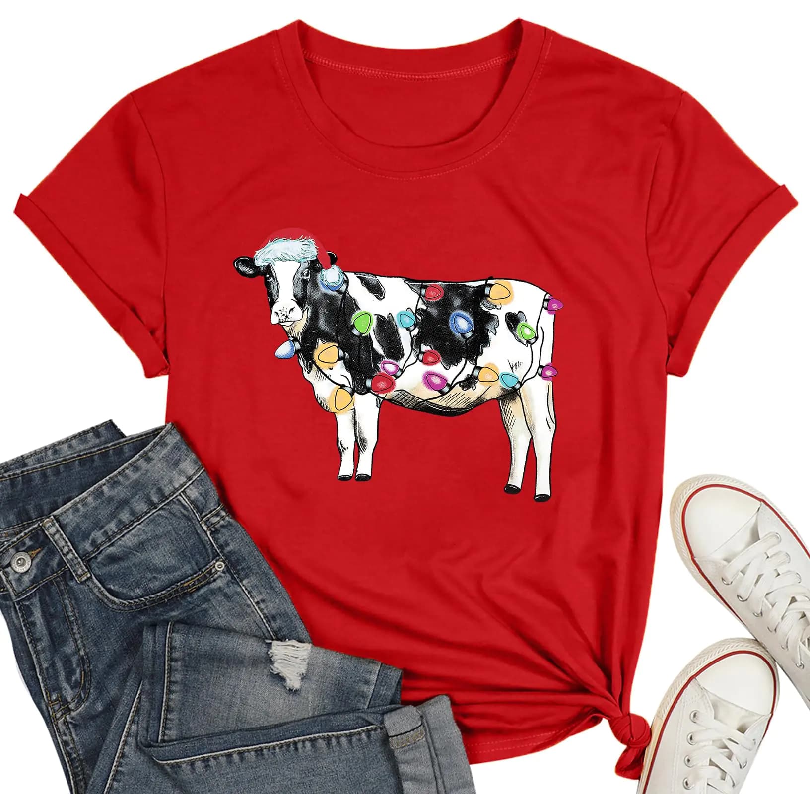 WEITUN Merry Christmas Shirt Womens Christmas Lights Cows Tee Funny Xmas Tops F-red