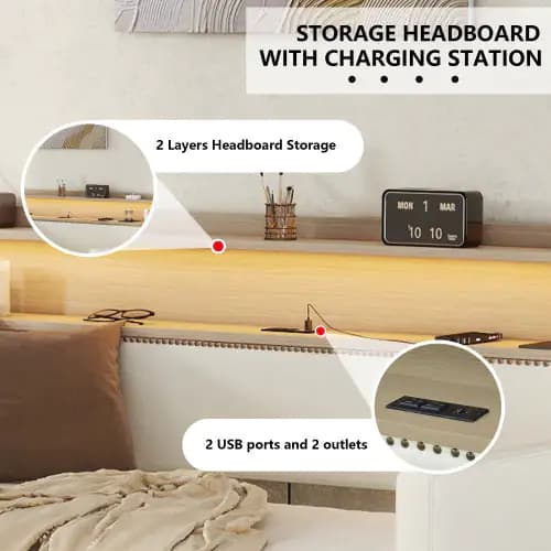 Twin Size Daybed With Drawers, Upholstered Daybed With Charging Station And LED Lights, White