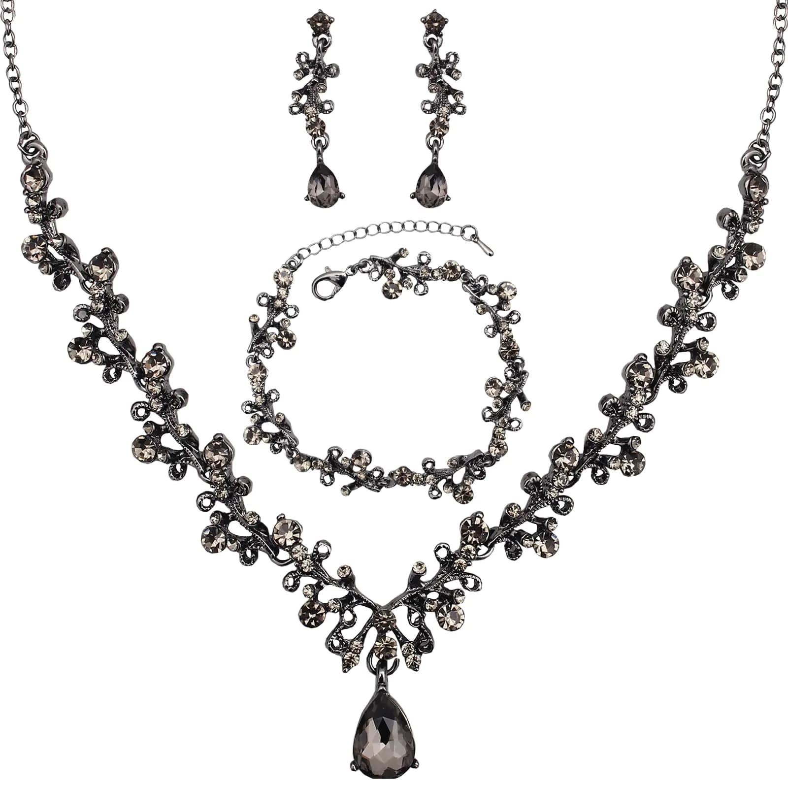 3Pcs Austrian Crystal Jewelry Set for Women Necklace Dangle Earrings Link Bracelet Jewelry Set with Gold/Platinum/Gun Plated Wedding Party Jewelry for Bridal Bridesmaid (Black Diamond-Jet)
