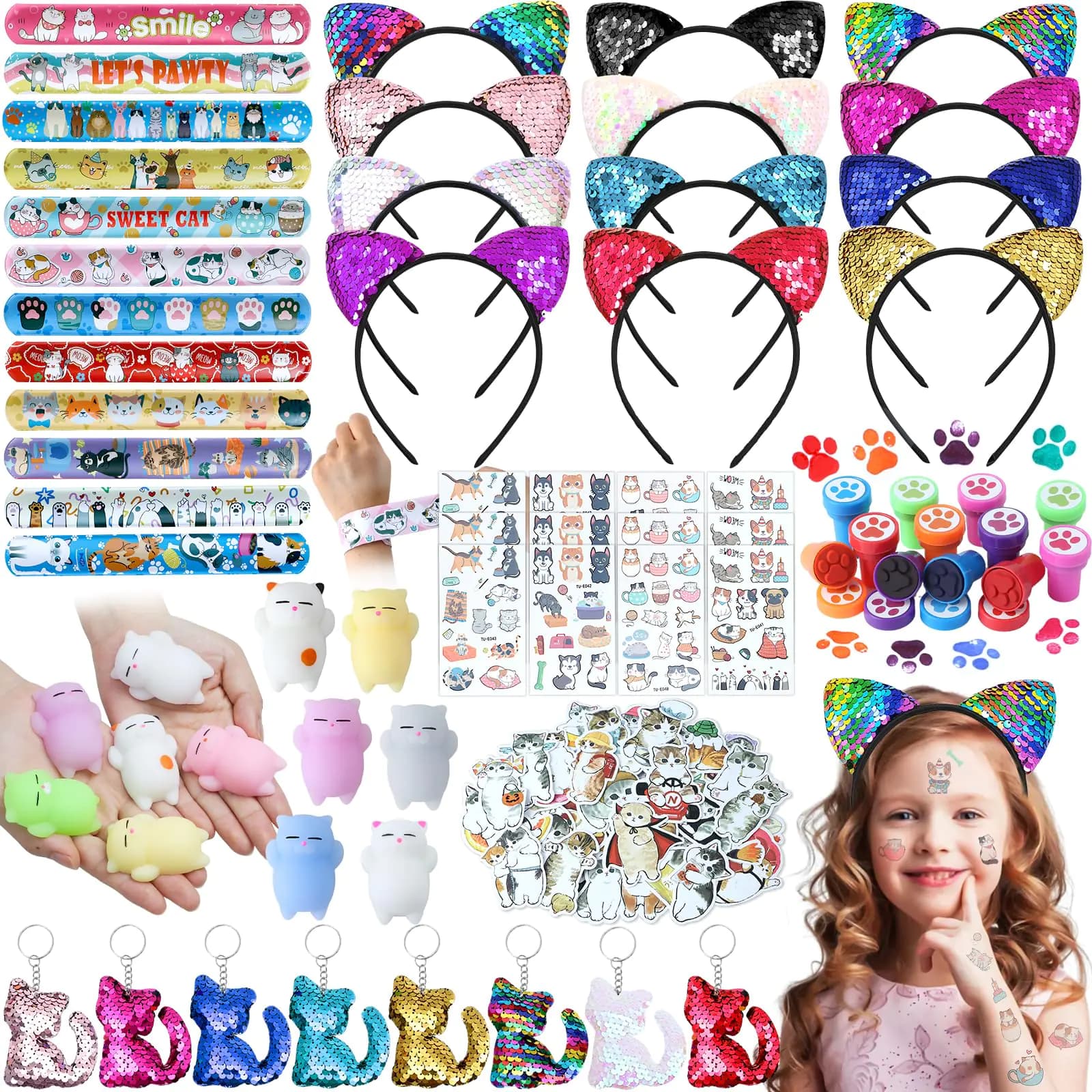 SNLN Cat Party Favors Birthday Supplies for Girls Sequin Headband Squishy Toy Keychain Tattoo Sticker Stamper Slap Bracelet Cat Sticker Goodie Bag Stuffer Kids Cat Birthday Party Supplies Decorations