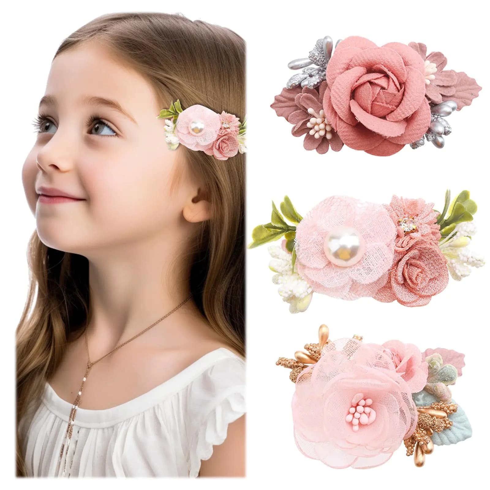 Pink Flower Hair Clip Set with Rose Accessories