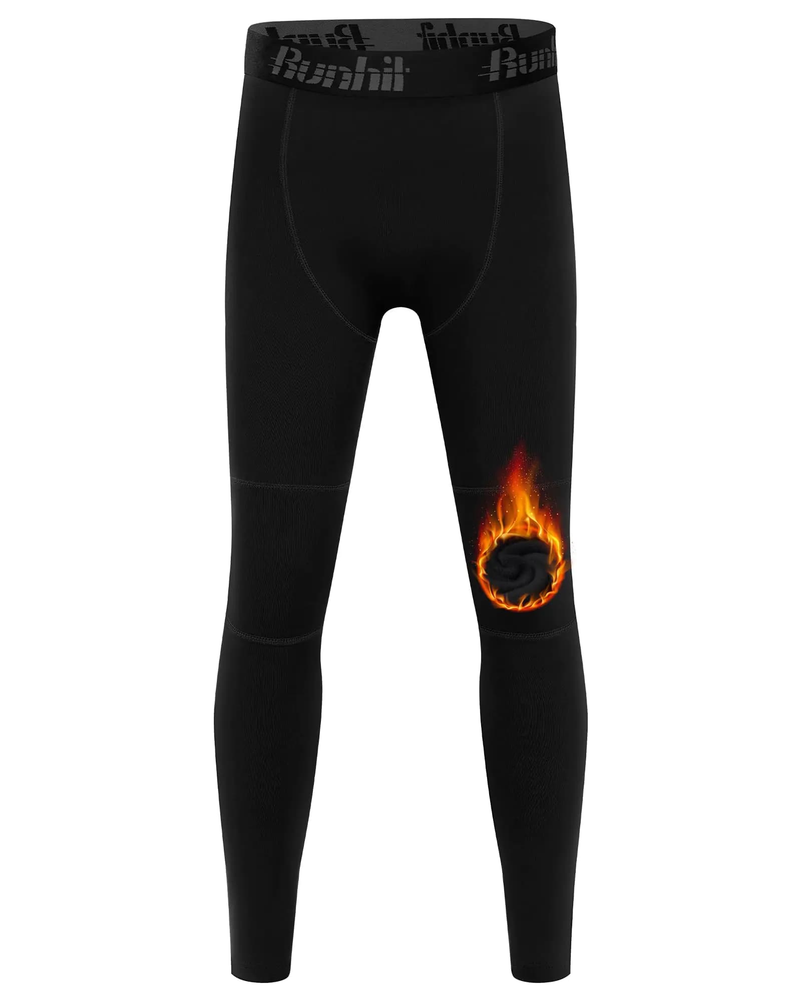 Runhit Boys Compression Leggings Fleece Lined - Youth Football Basketball Baseball Soccer Sports Tights Thermal Base Layer Pants Cold Weather Gear Black L