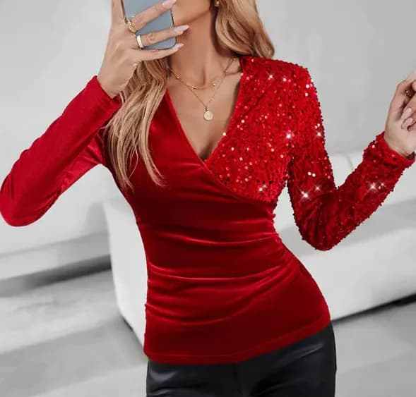 Fashion Cross Collar Sequin Top Women's Clothing