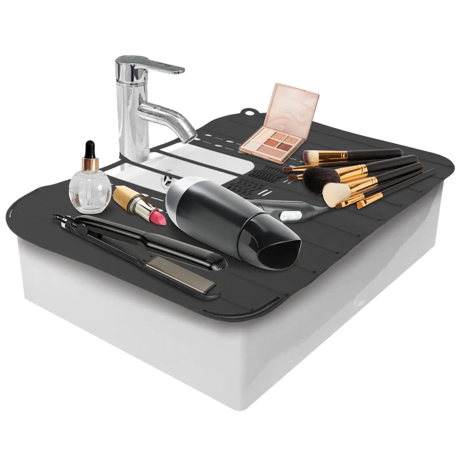 Bathroom Sink Cover For Counter Space MakeupSink Toppers Foldable Sink CoverSilicone Beauty Makeup Brush Cleaning Matfor Beauty Tools Bathroom Sink Organizer Countertop(Black)