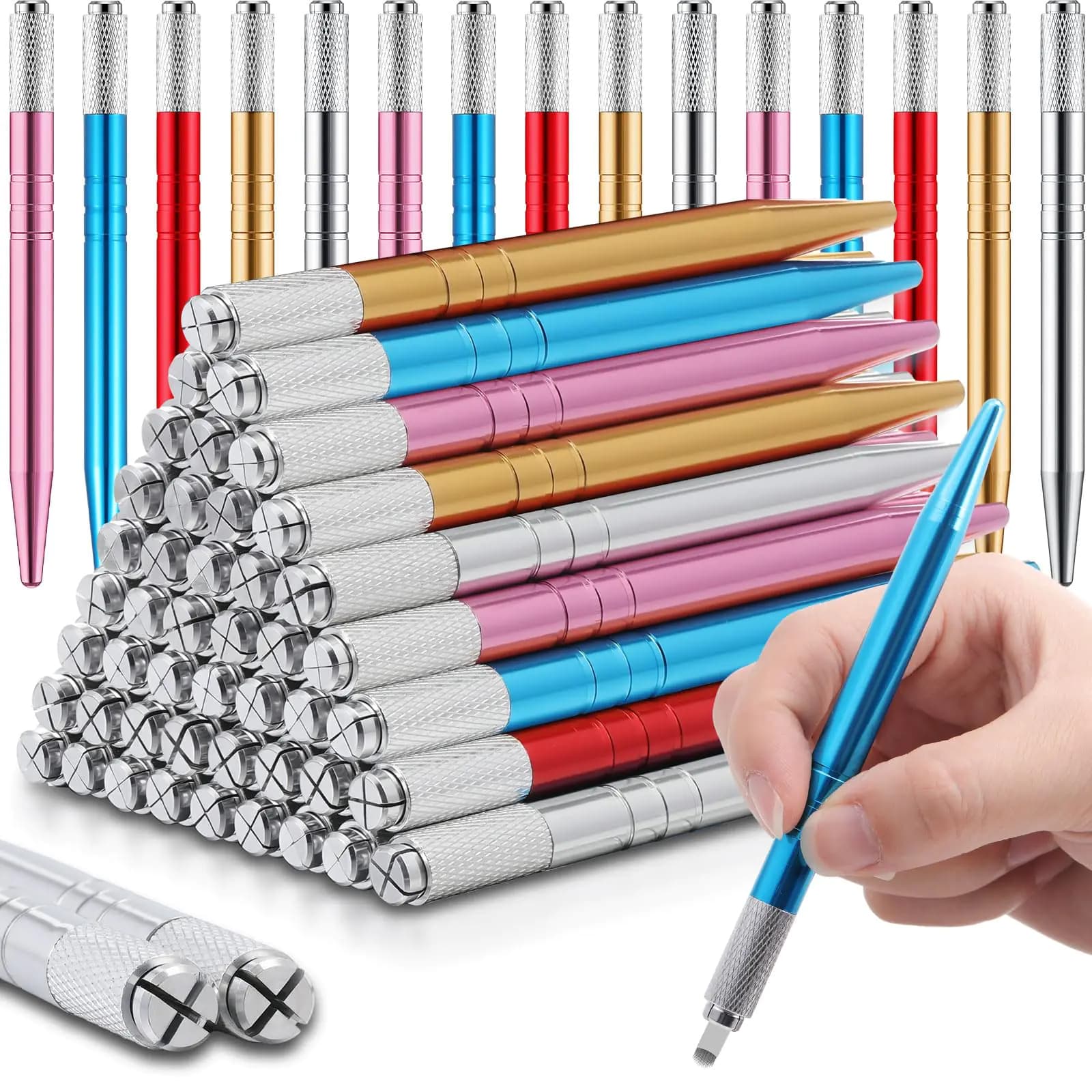 Gisafai 50 Pcs Microblading Pen Manual Eyebrow Pens Microblade Supplies Microblade Pen Microblading Tool Holder Aluminum Microblading Hand Tools for Makeup Supplies Salons (Multicolor)