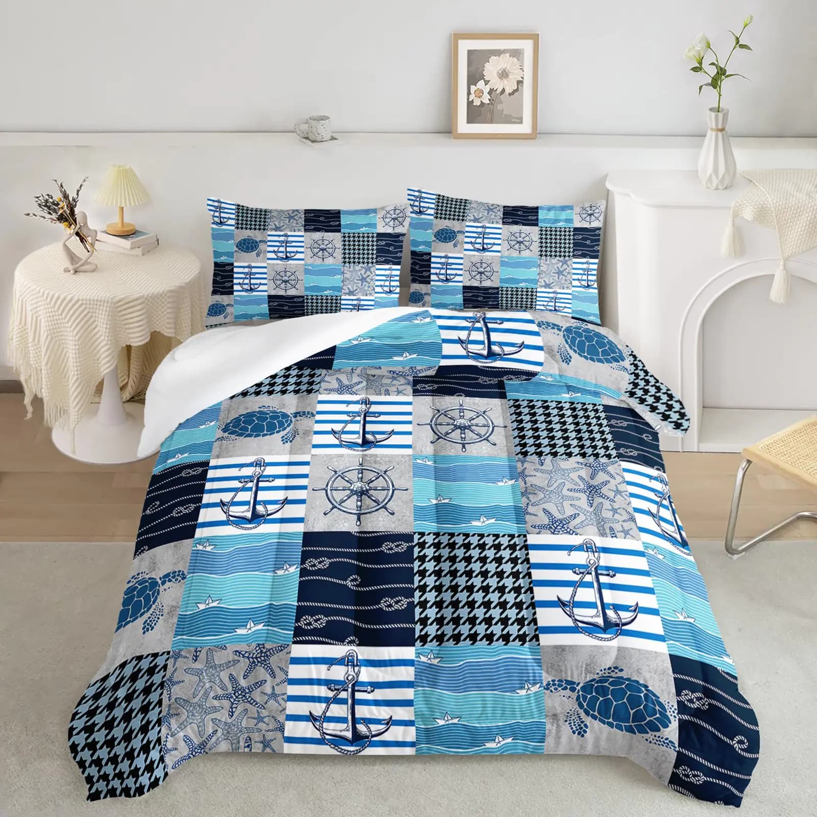 Axolotl Coastal Bedding Queen SizeBlue Ocean Beach Themed Bedding Set with Starfish TurtleAnchor Comforter Set for Kids Boys Teens Adult All SeasonNautical Comforter1 Quilt 2 Pillowcases