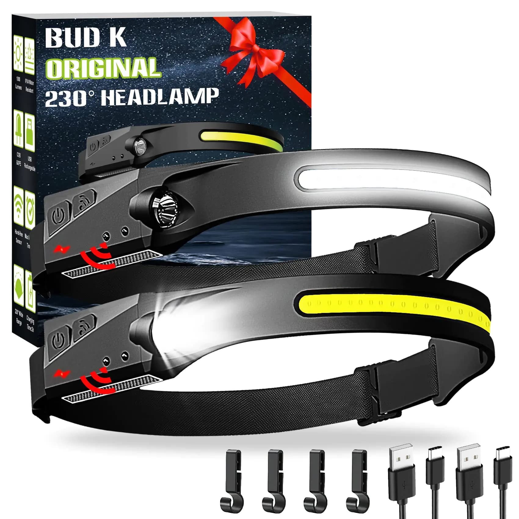 Rechargeable Headlamp 2Pack 230°Wide Beam Headlamp for Adults LED Headlamp with Clips-Camping Gear 6 Modes Motion Sensor Head Lamp Flashlight for Cycling Running Fishing Camping