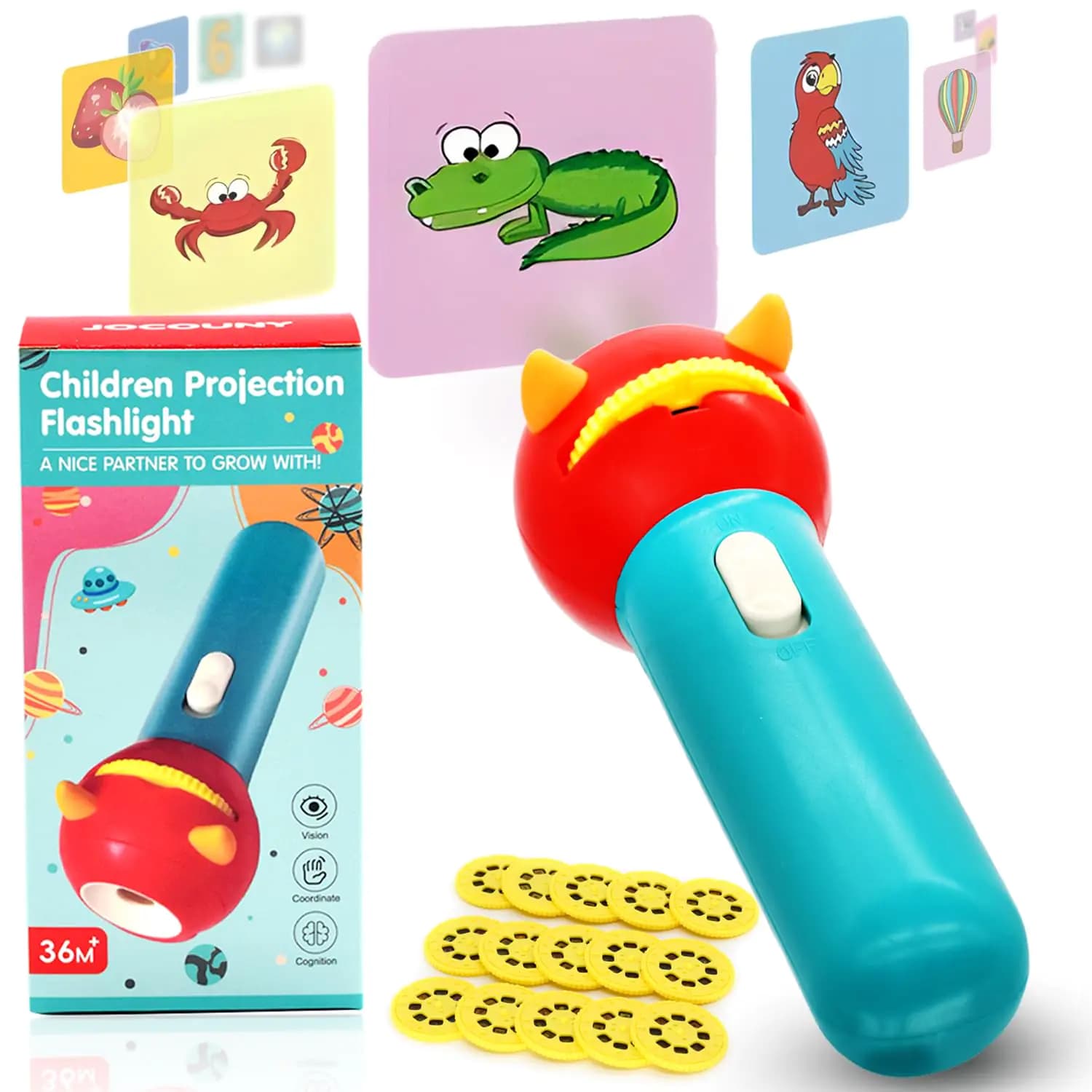 Childrens Projector Toys - Kids Electric Projected Torch Flashlight with 15 Discs 120 Images Educational Learning Toy Gifts for Kids (Blue-Red)