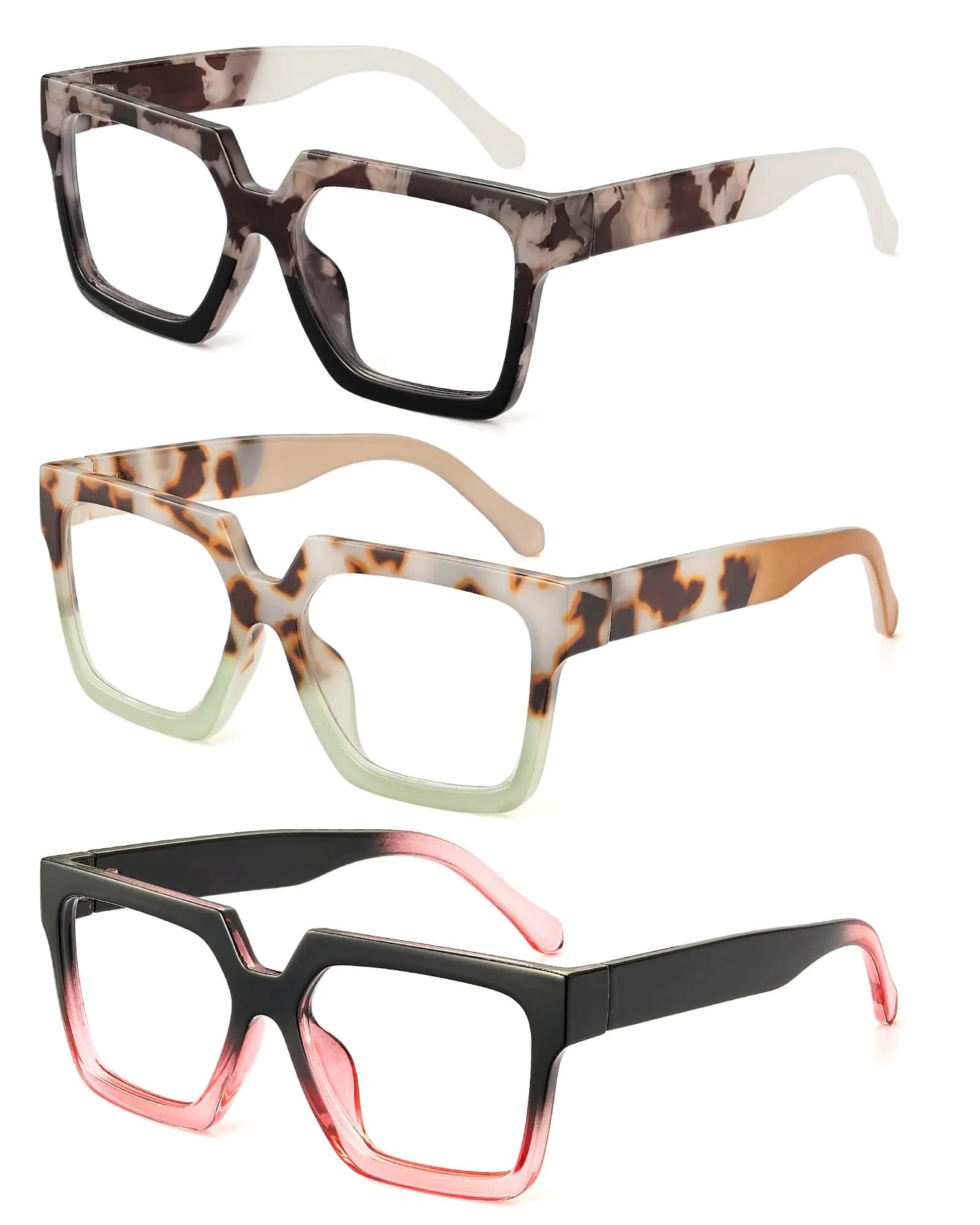 JM 3 Pack Oprah Style Reading Glasses for Women Fashion Square Blue Light Blocking Readers +1.25