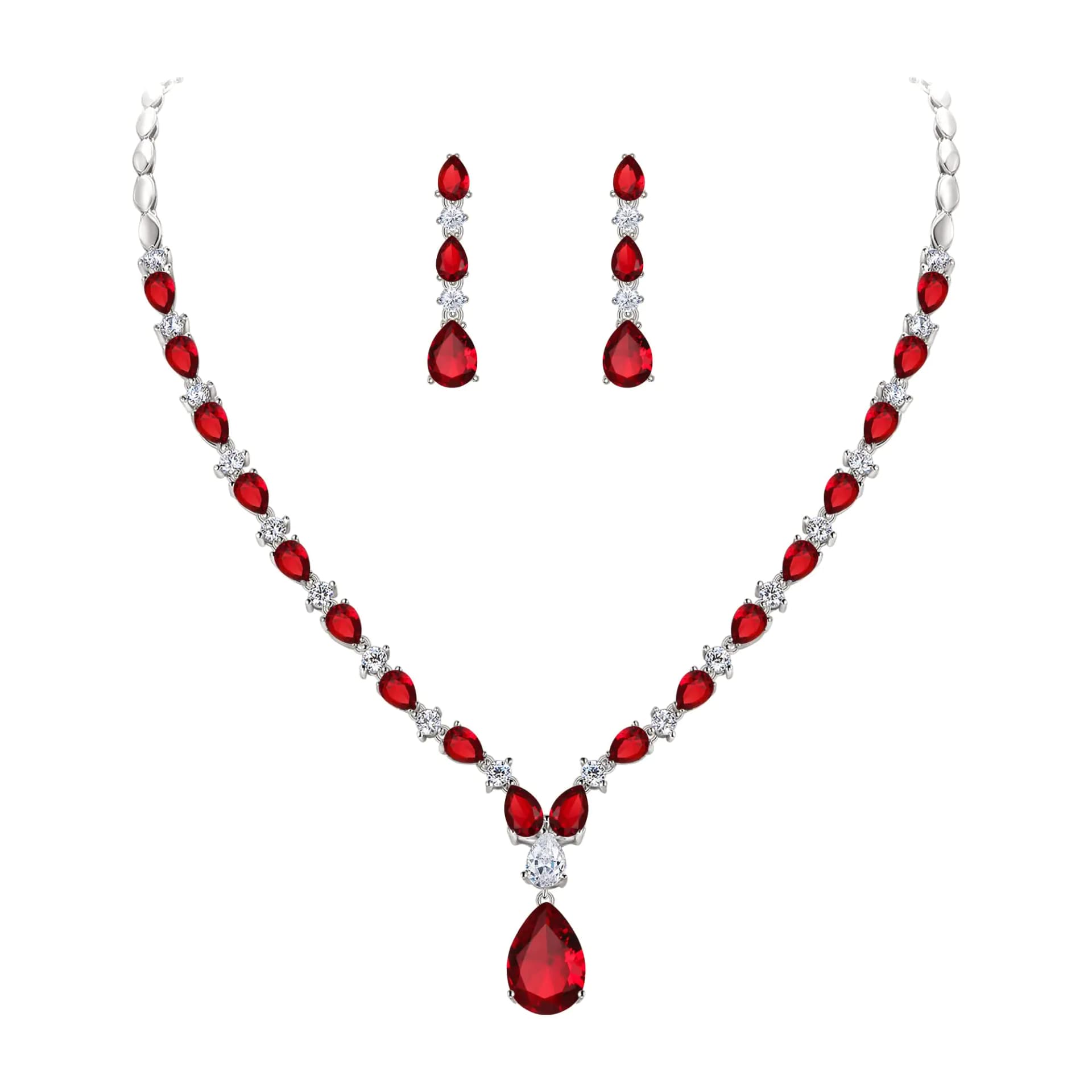EVER FAITH Gorgeous Banquet Jewelry Set Teardrop Round Cubic Zirconia January Birthstone Pendant Necklace Dangle Earrings Set for Women Red Silver-Tone