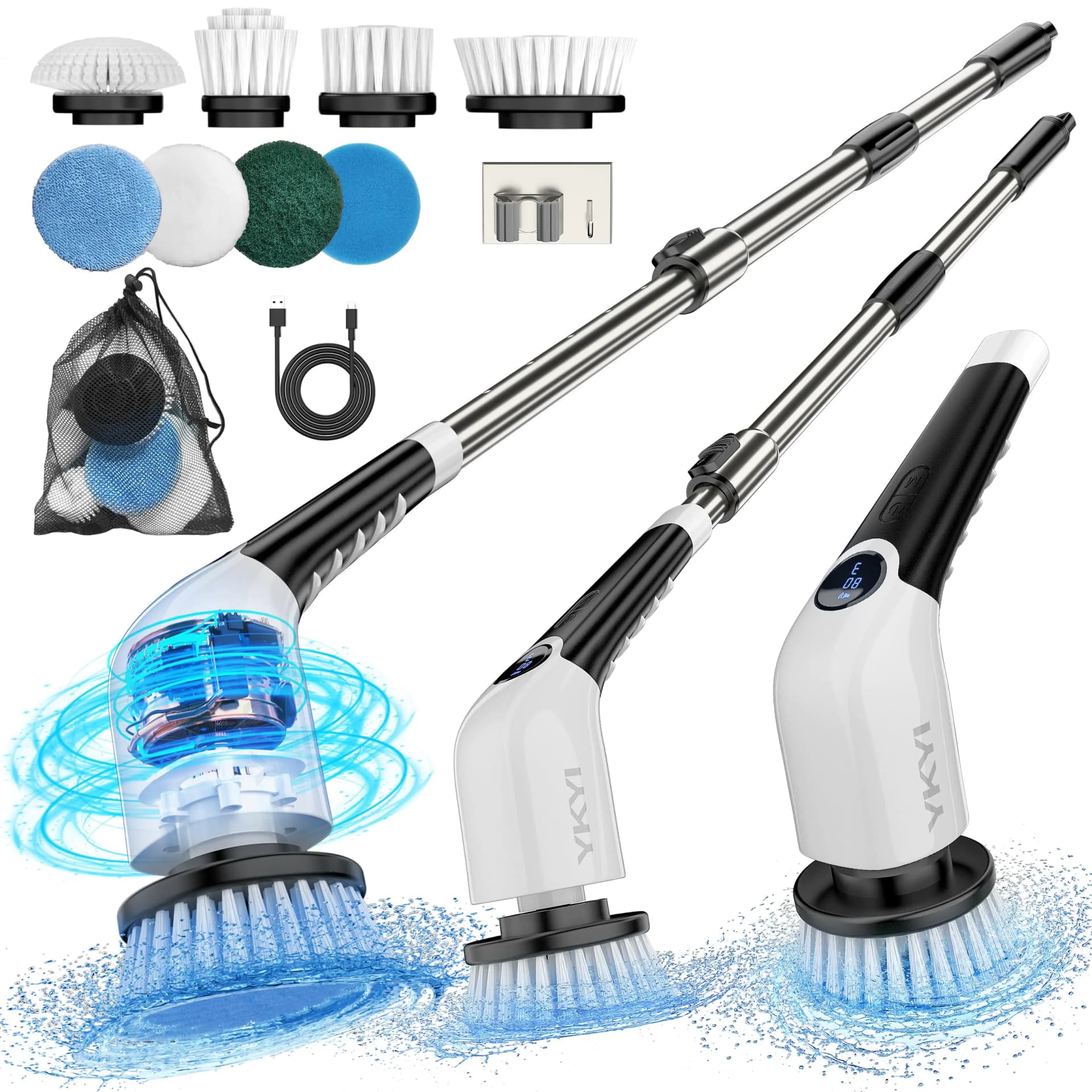 YKYI Electric Spin ScrubberCordless Cleaning BrushShower Cleaning Brush with 8 Replaceable Brush Heads Power Scrubber 3 Adjustable SpeedsAdjustable & Detachable Long HandleVoice Broadcast