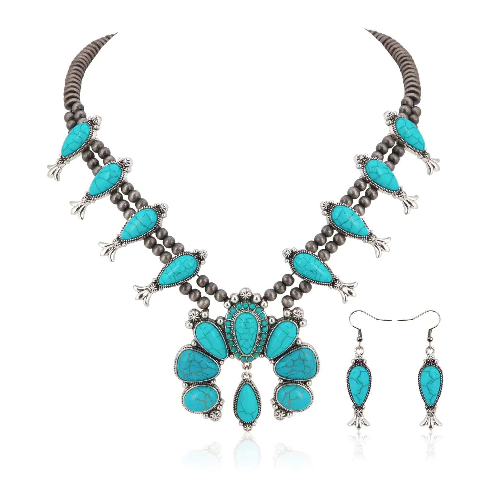 Rustic Coutures Western Jewelry Set for Women Cowgirl Vintage Bohemian Turquoise Pendant Necklace Earring AR-WJ-1021TQ