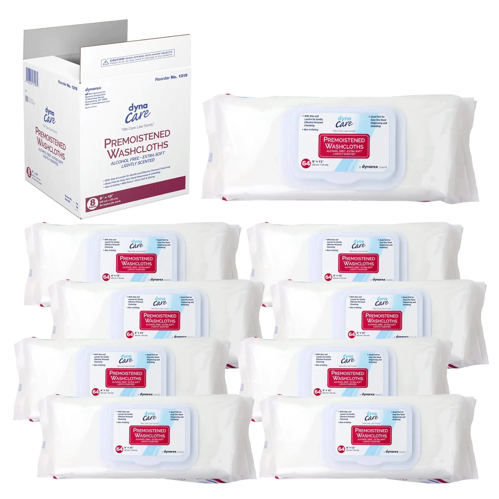Dynarex Personal Cleansing Washcloth - Pre-Moistened Wet Wipes with Lanolin & Aloe Vera - Disposable Sheets for Incontinence Personal Care Make-Up Removal 1 Case - 8 Refill Packs of 64 Wipes