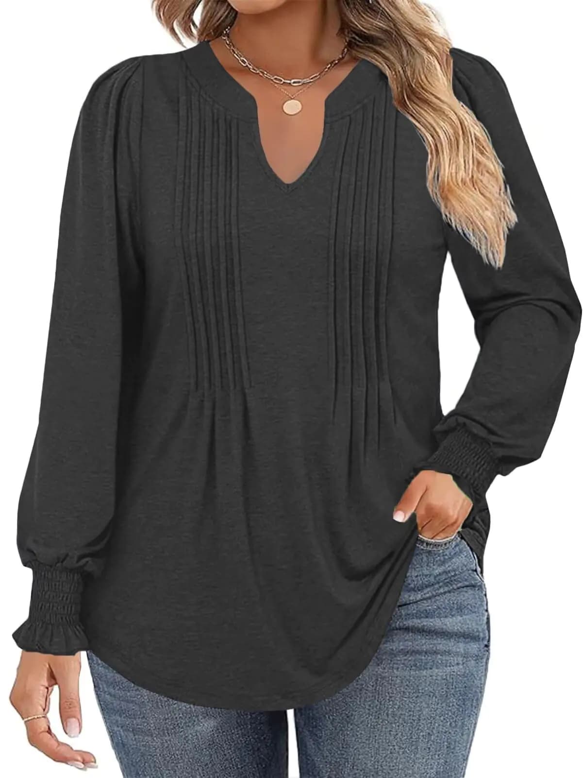 Plus Size Tops for Women Fashion Puff Sleeve Flowy Shirts Trendy Pleated Plain Tees Black 2XL