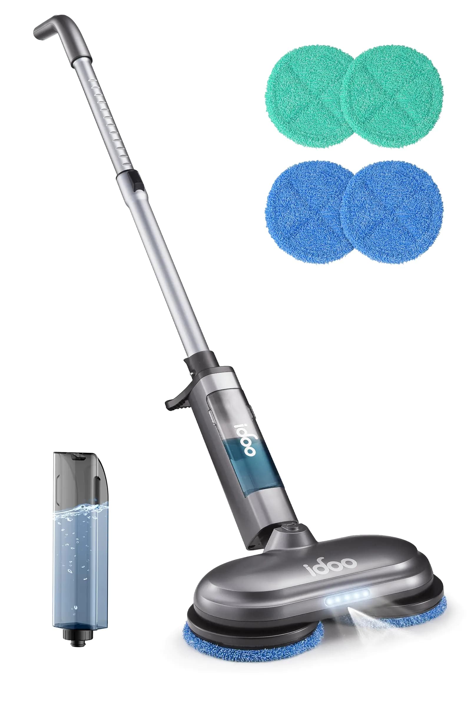 iDOO Electric Mop Dual-Motor Electric Spin Mop with Sprayer and LED Headlight Cordless Electric Mop for Floor Cleaning Powerful Floor Cleaner Floor Scrubber with Transparent Water Tank & Mop Pads