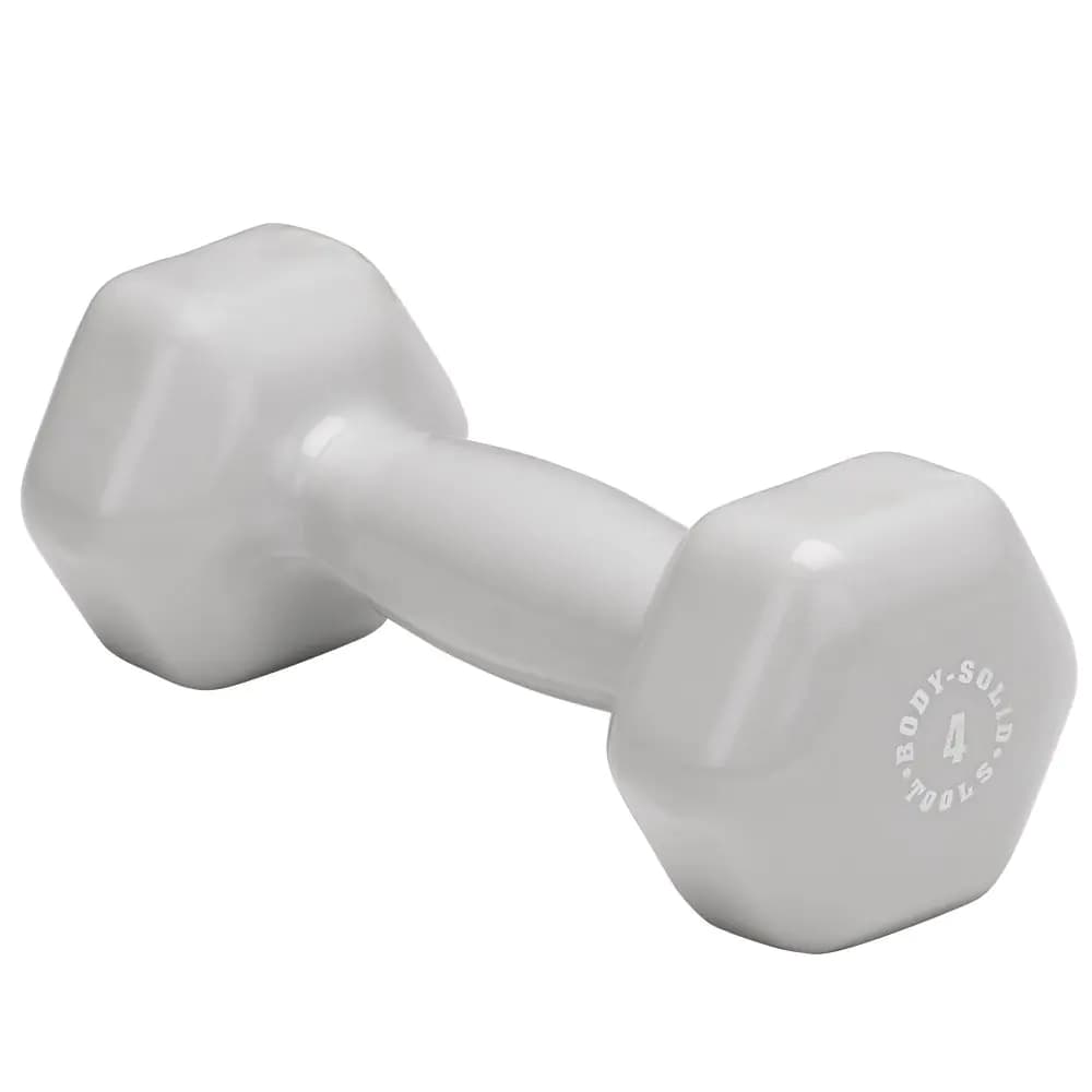 Body-Solid Tools (BSTVD4) Vinyl Dumbbell for Aerobic Training & Physical Therapy Hand Weights for Women Hex End Dumbbells Light Gray 4lbs