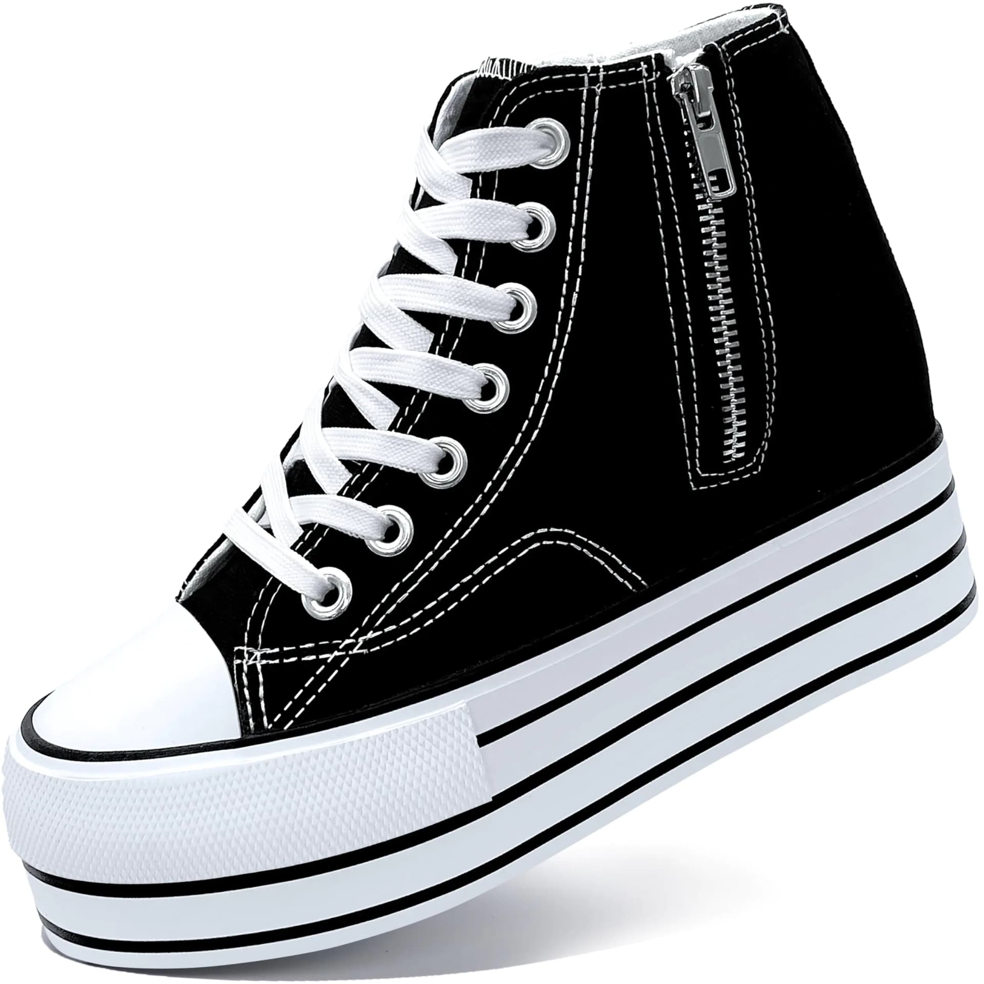 Womens Platform Wedge Sneakers Hidden Wedge 4 Inches Height Boost High Top Canvas Heel Sneakers White Fashion Sneakers for Women and Girls