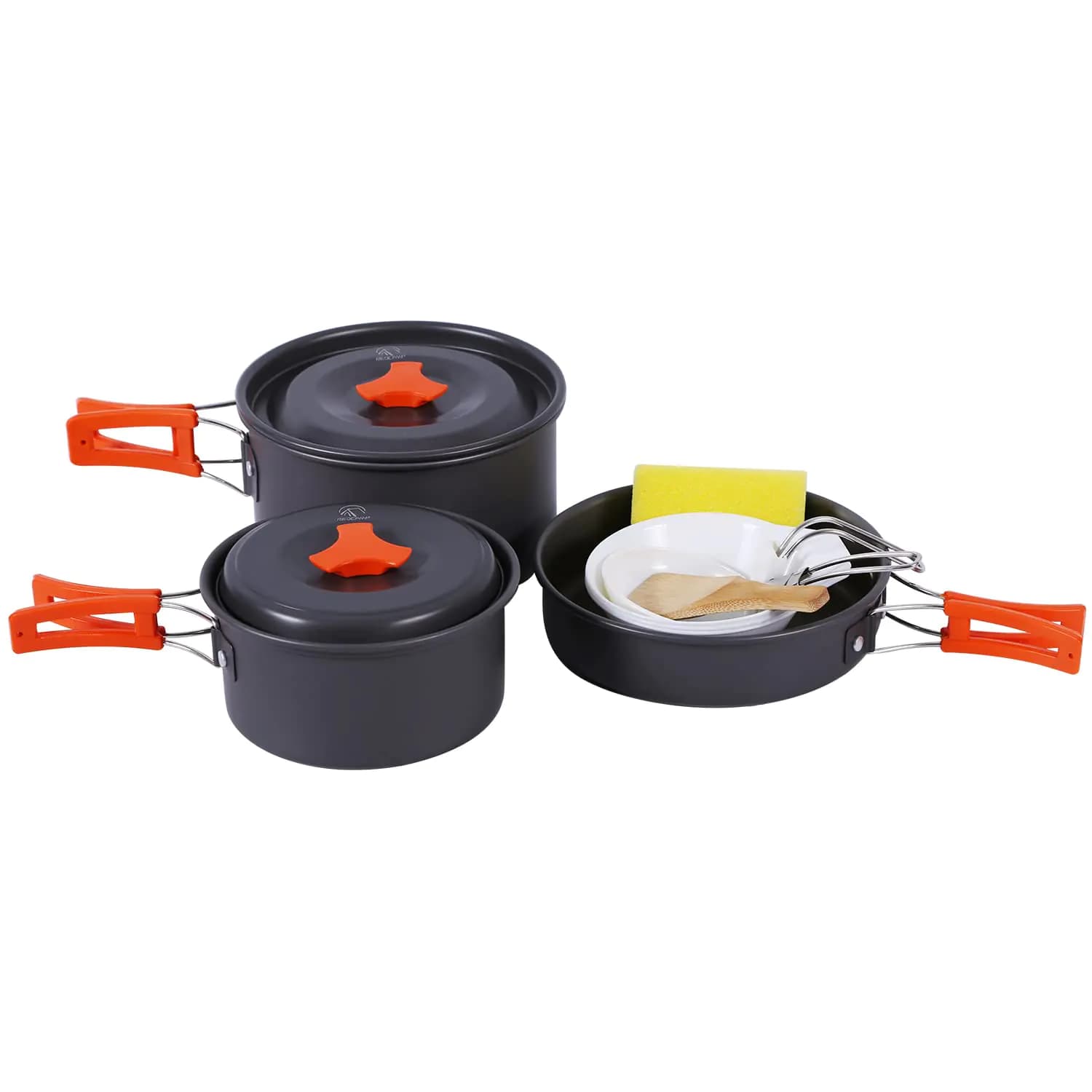 REDCAMP 14 PCS Camping Cookware Mess Kit Camping Gear Campfire Utensils Lightweight Stackable Pot Pan Bowls Soup Spoon with Storage Bag for Camping Backpacking Outdoor Cooking and Picnic Orange