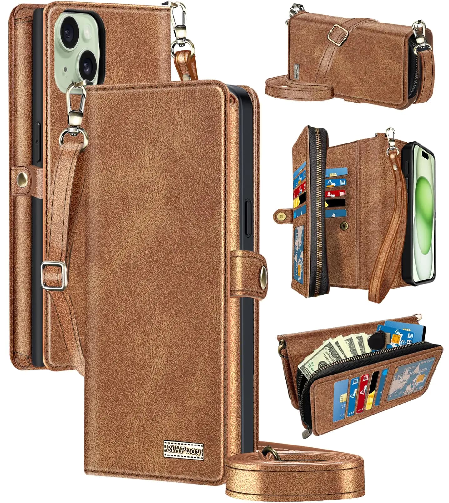 SiHPuoy Leather for Apple iPhone 15 Plus Wallet Case with Card Holder Kickstand Phone Accessories for Woman Men Women 2 Pack Screen Protector 2 Pack Camera Lens Cover Brown