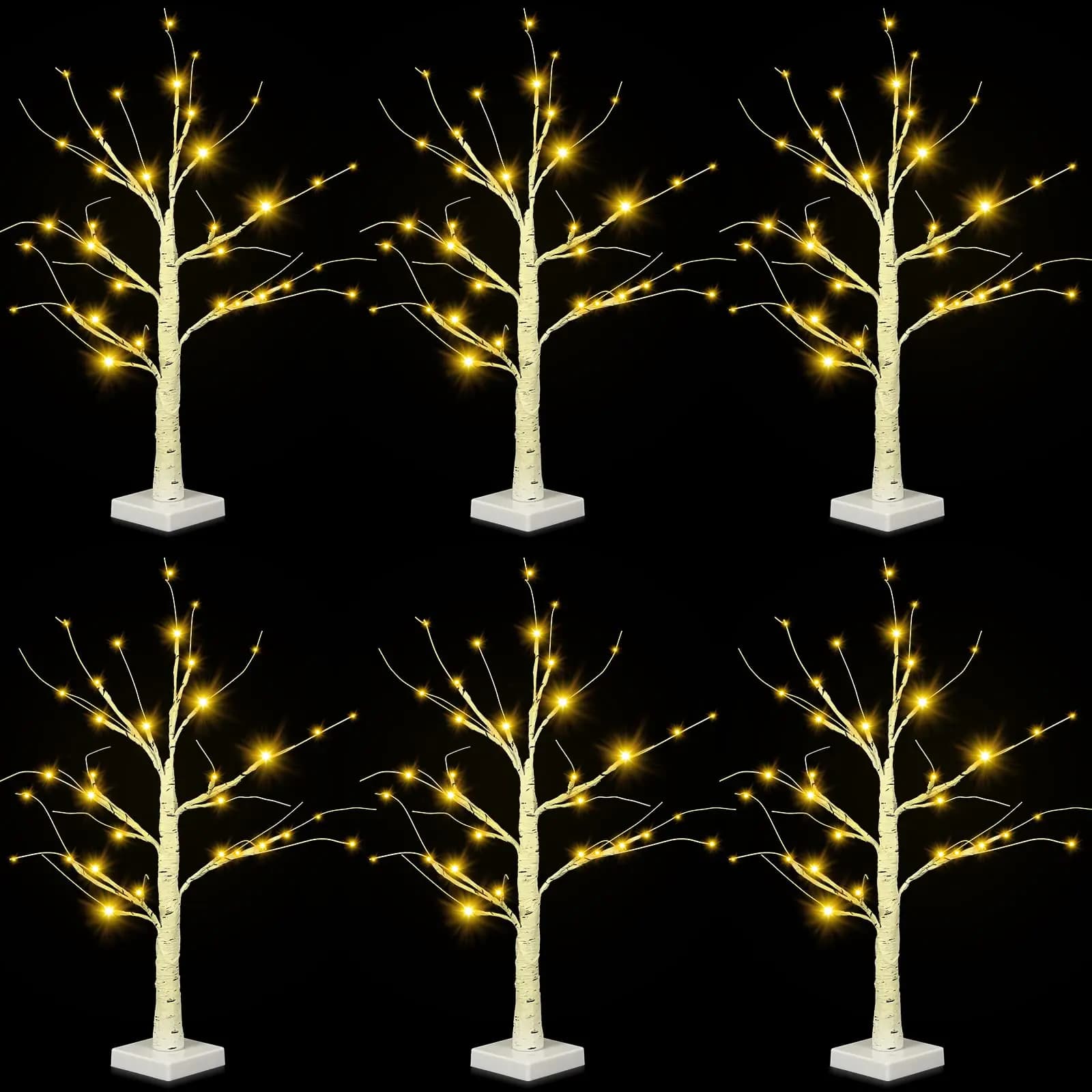 Tuanse Set of 6 White Birch Tree with LED Lights 2ft Lighted Tree 24 LED Lights Battery Powered Tree for Home Wedding Table Centerpiece Indoor Outdoor Decoration