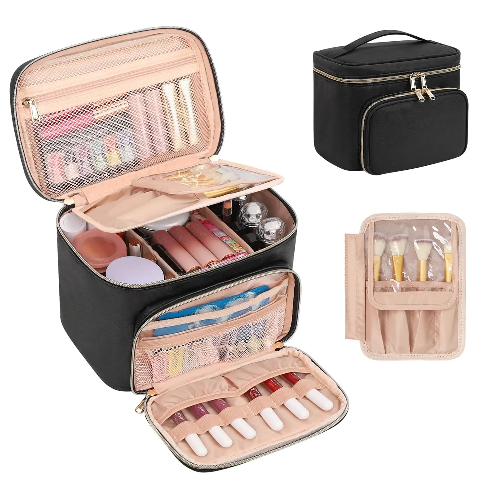 Makeup Bag Large Travel Makeup Bag for Women Girls Portable Makeup Organizer Cosmetic Bag with Removable Dividers Waterproof Leather Makeup Travel Case Organizer for Cosmetics Vertical Storage