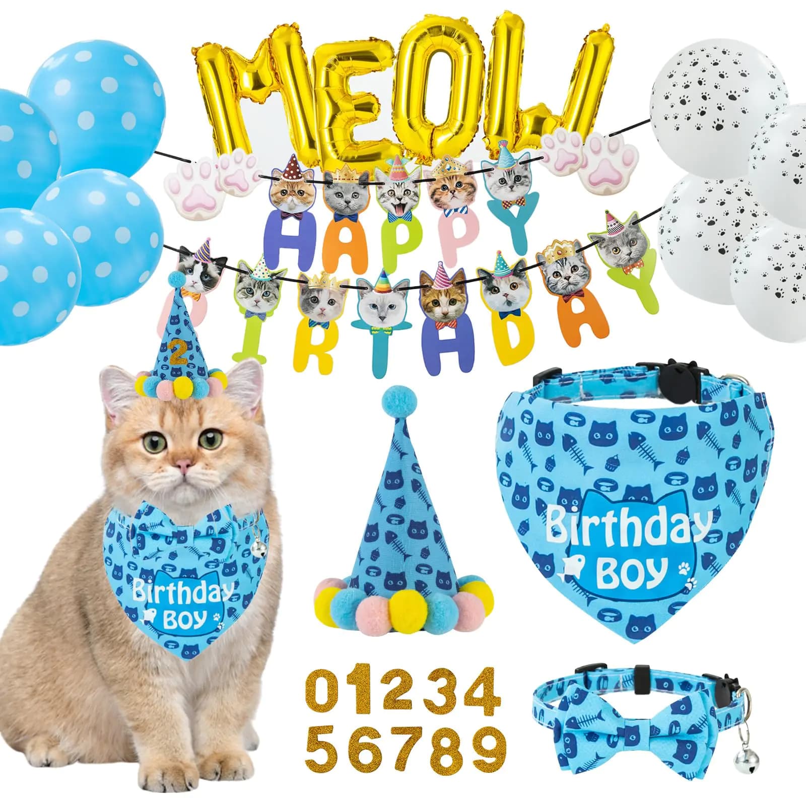 TCBOYING Cat Birthday Party Supplies Cat Birthday Collar Bandana Boy Girl Bow Tie Hat Outfit Banner Number Meow Balloon with Cat Kitten Birthday Decorations (Blue)
