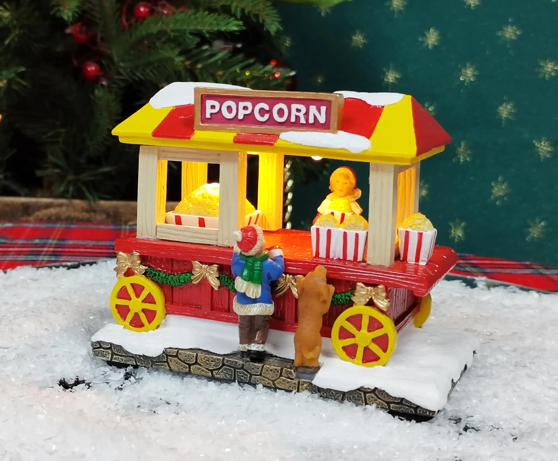 MOMENTS IN TIME 4.13”H Popcorn Wagon - LED Lights Battery Operated Christmas Village - Hand-Painted Polyresin