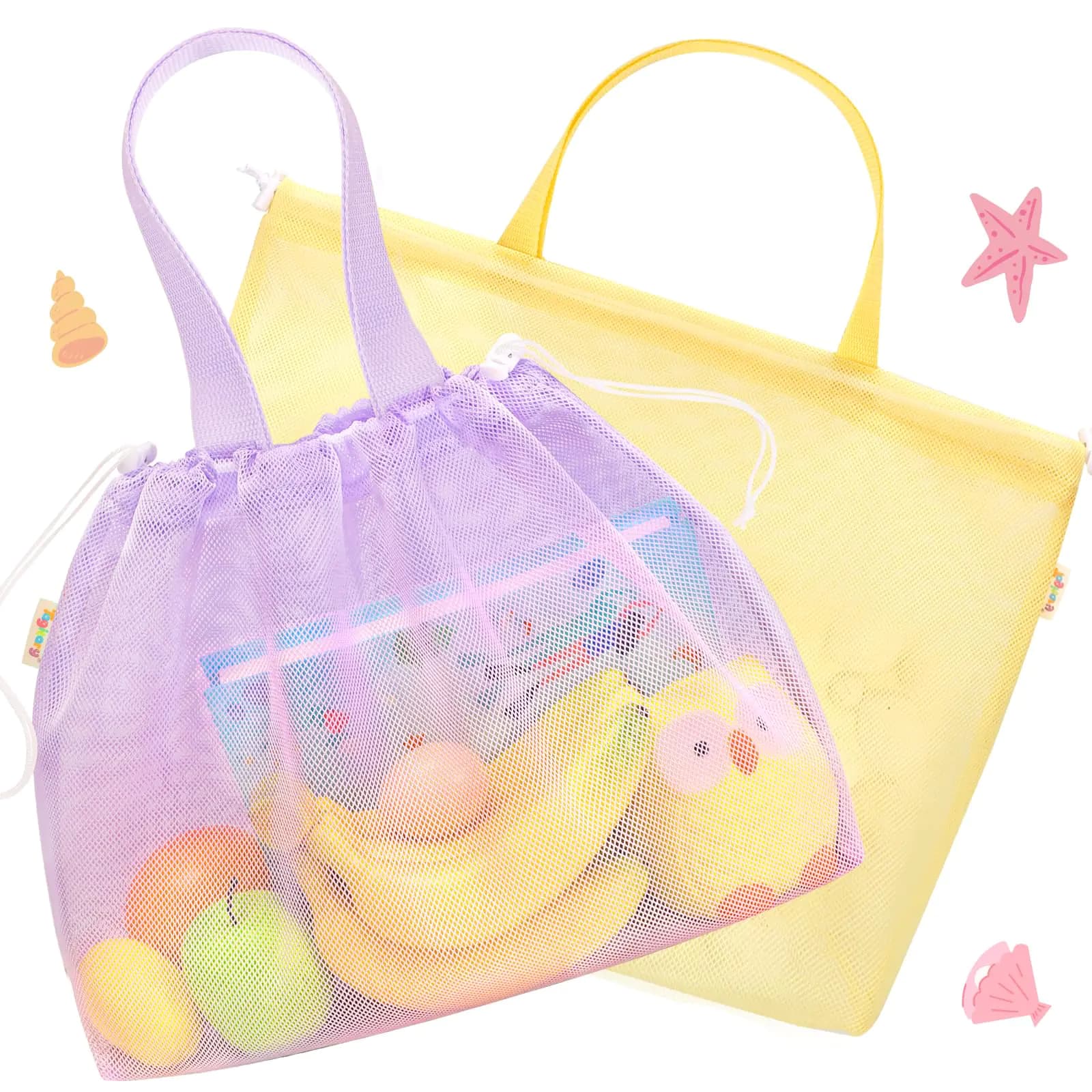 Tagitary Beach Toys Kids Beach Bag Tote with DrawstringYellow Purple Mesh Bag Travel Beach Essentials for Kids Swim Pool Gym Bag Camping Accessories Toys Storage Lightweight Foldable Birthday Gifts