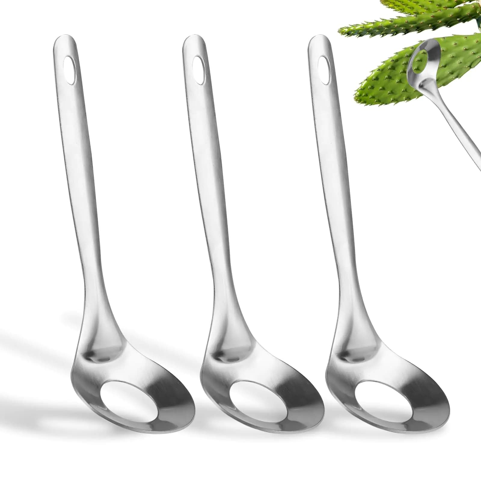 3pcs Practical Cactus Peeling Tools Total Length 9.06in Stainless Steel Meatball Spoon with Hole Spoon Cactus Peeler No hand Injury Convenient Kitchen Tools(Silver)
